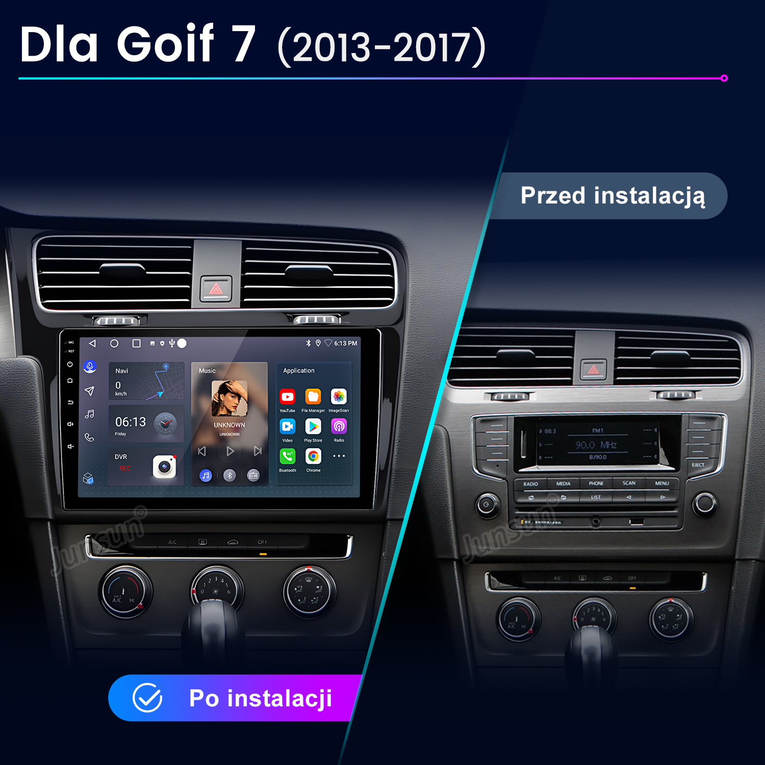 Porównanie wnętrza samochodu: Golf 7 z nowym systemem info vs. stare radio.
