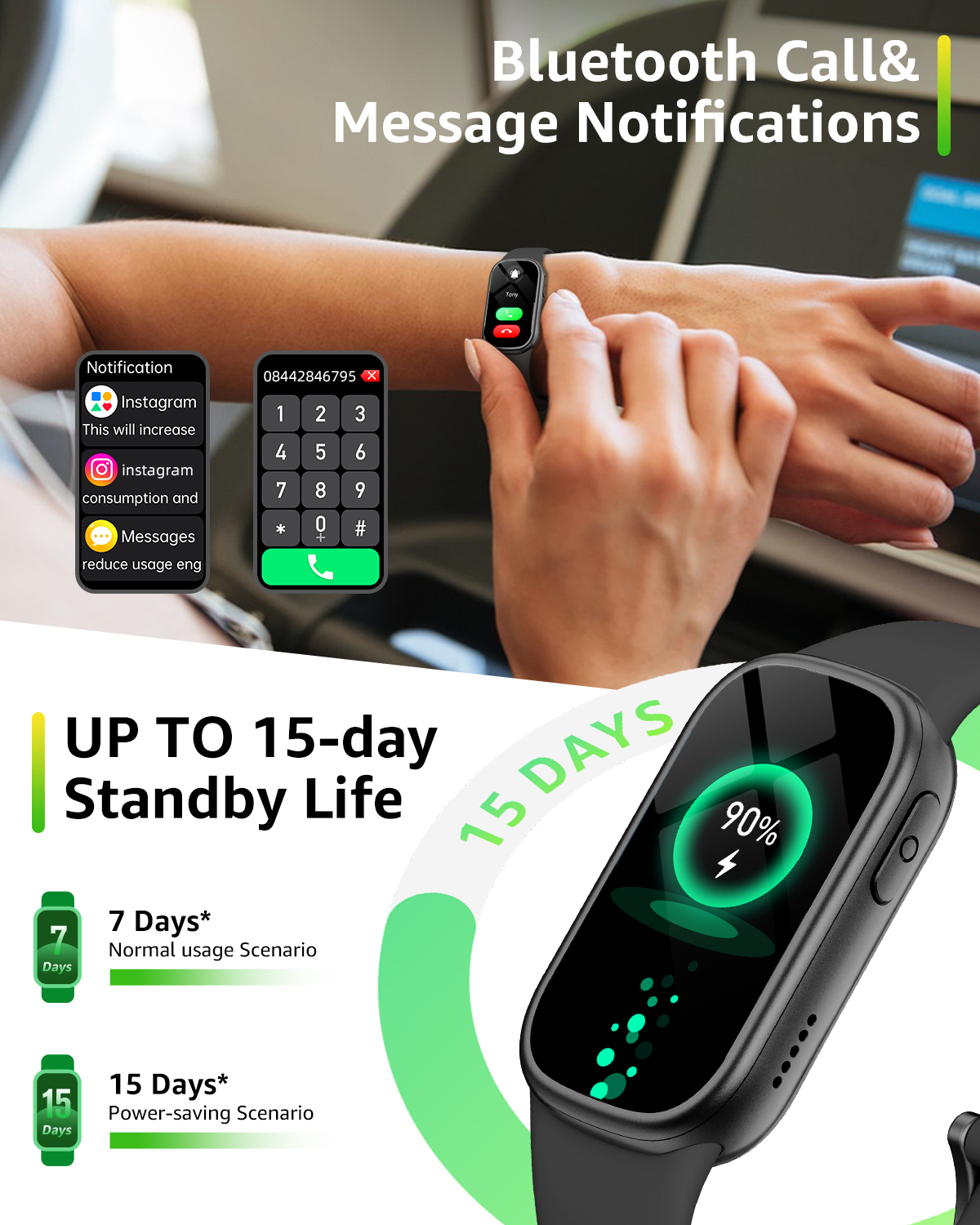Eine Frau trägt eine Smartwatch mit Benachrichtigungen und einer Tastatur. Unten ist eine Smartwatch mit 90% Ladung abgebildet.