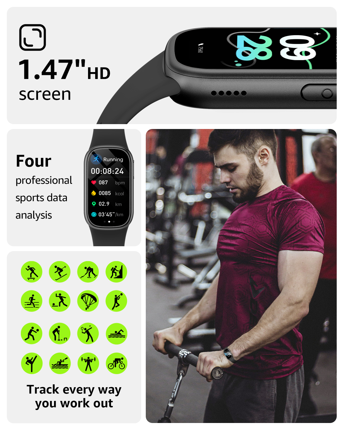 Smartwatch mit 1,47" HD-Bildschirm, Laufdaten und Sportsymbolen.