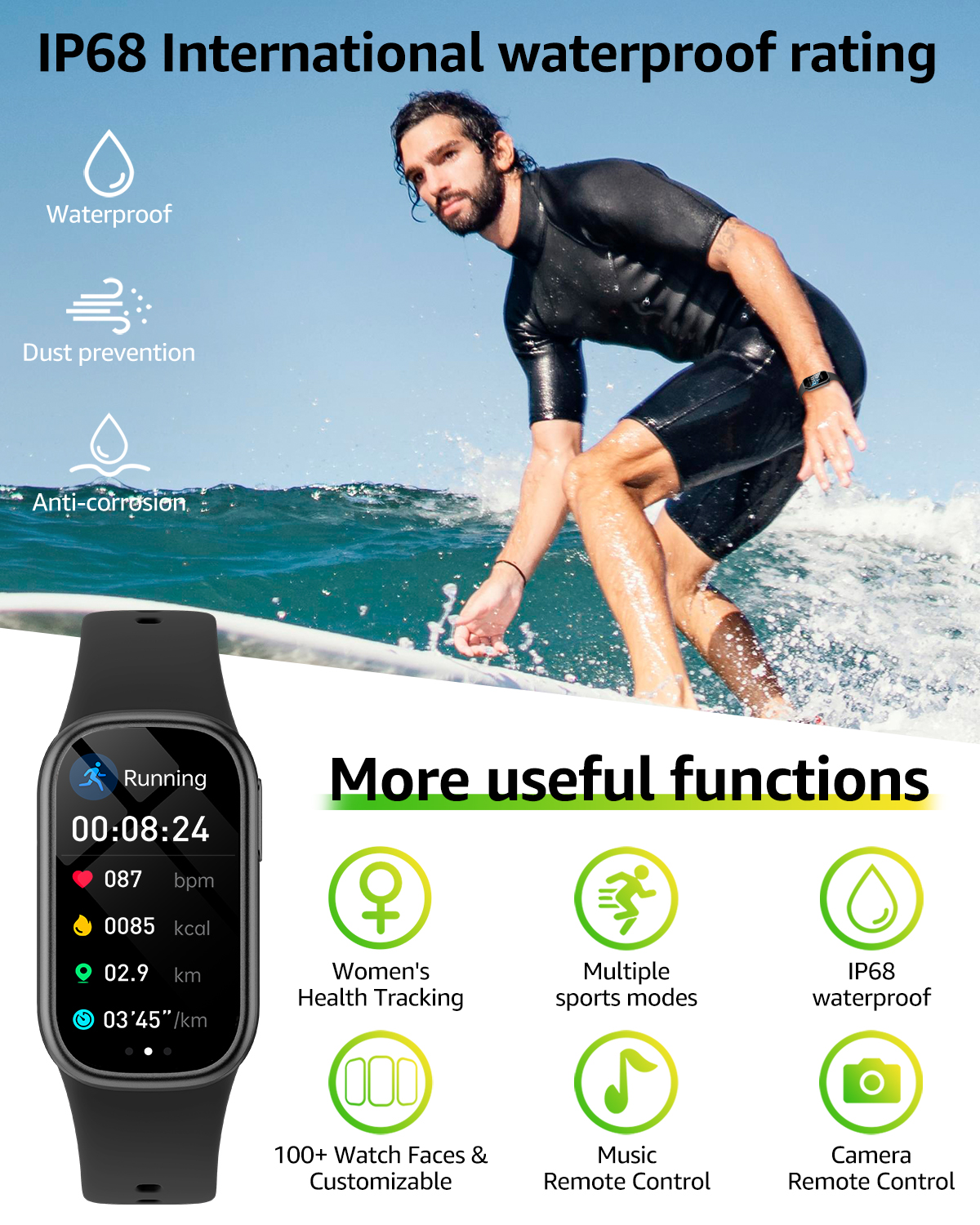Ein Mann surft mit einer Smartwatch, die IP68 wasserdicht ist.