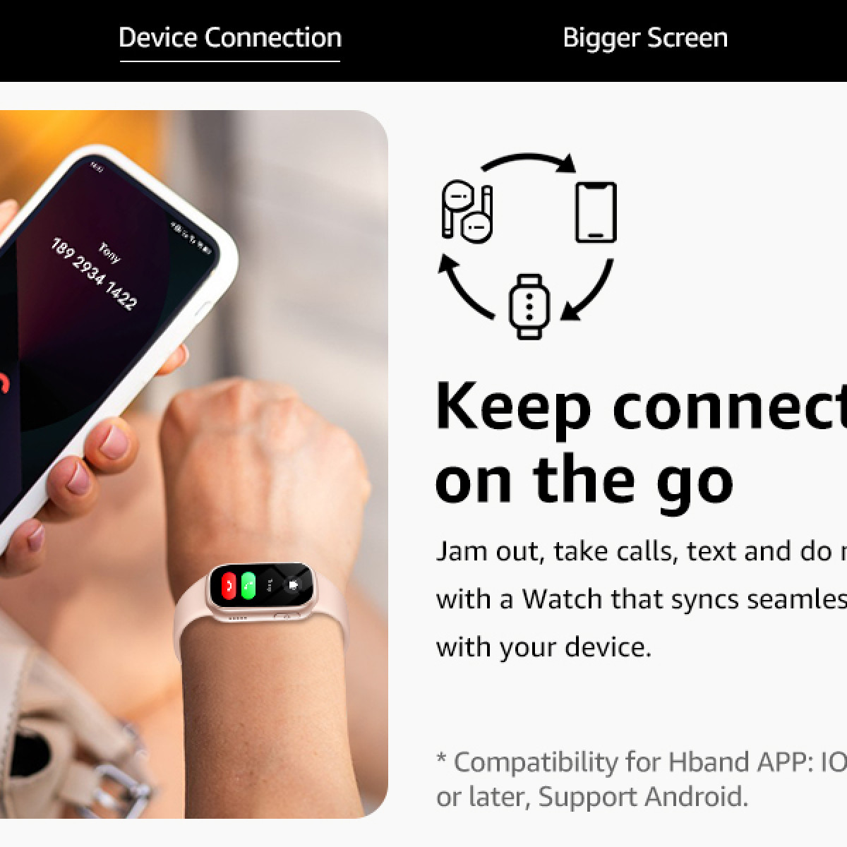 Ein Armband synchronisiert sich mit einem Telefon, um Anrufe, Textnachrichten und mehr zu verwalten.
