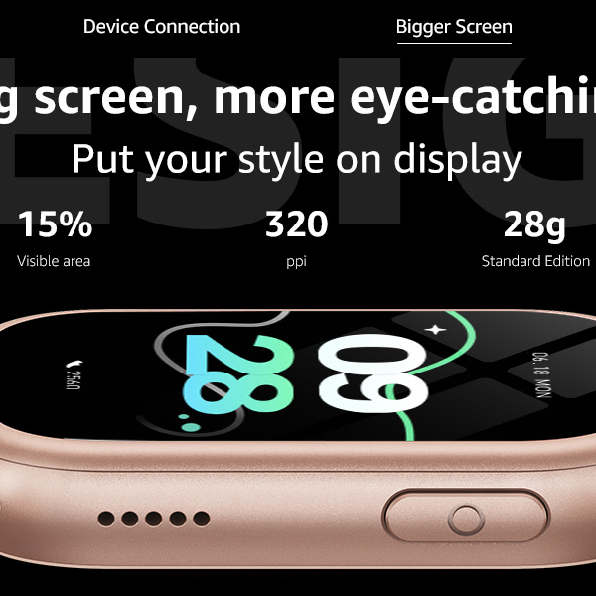 Ein roségoldenes Smartwatch-Display zeigt 28:09 Uhr und den 18. Juni an.