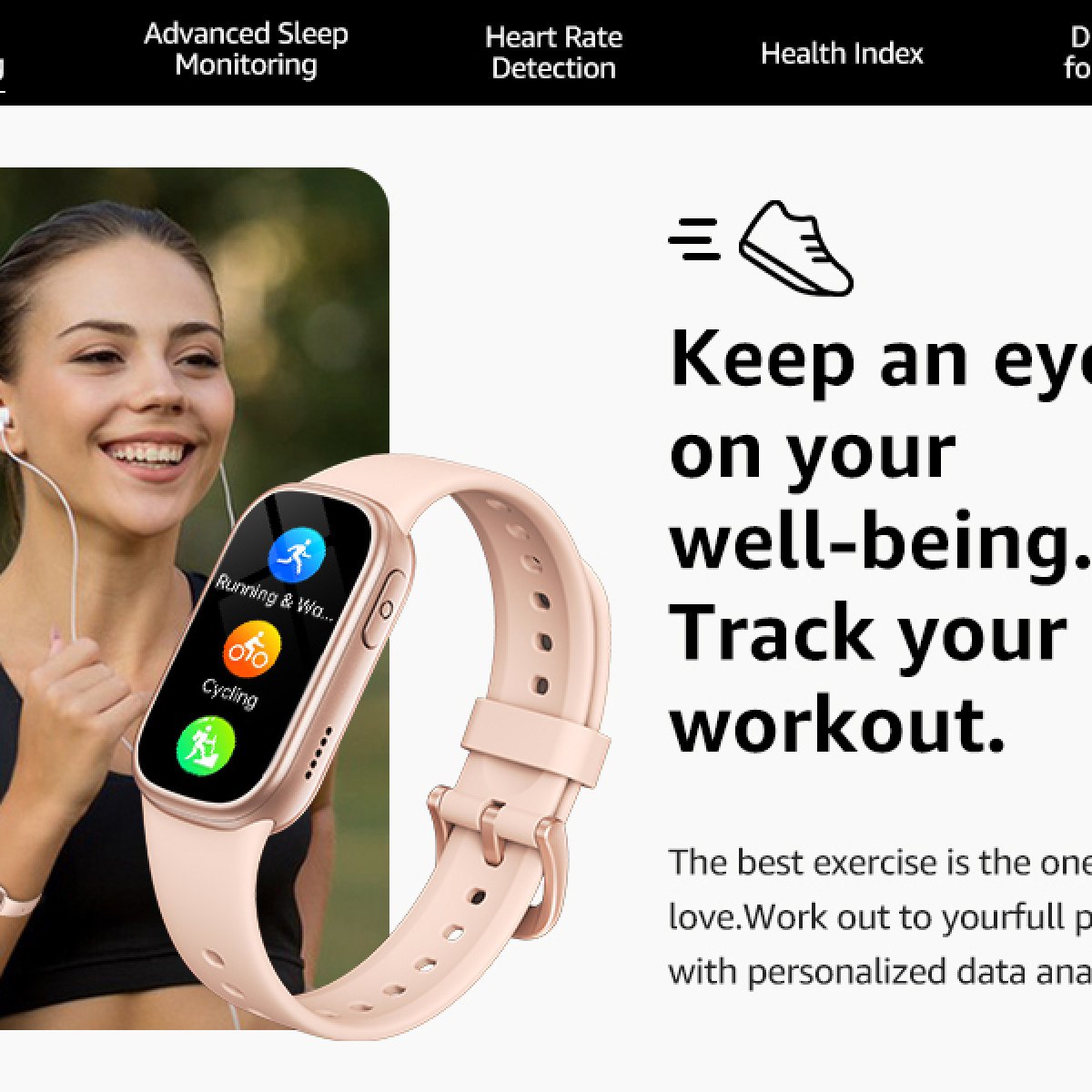 Eine Frau mit Kopfhörern trägt eine rosafarbene Smartwatch, die Sportmodi anzeigt.