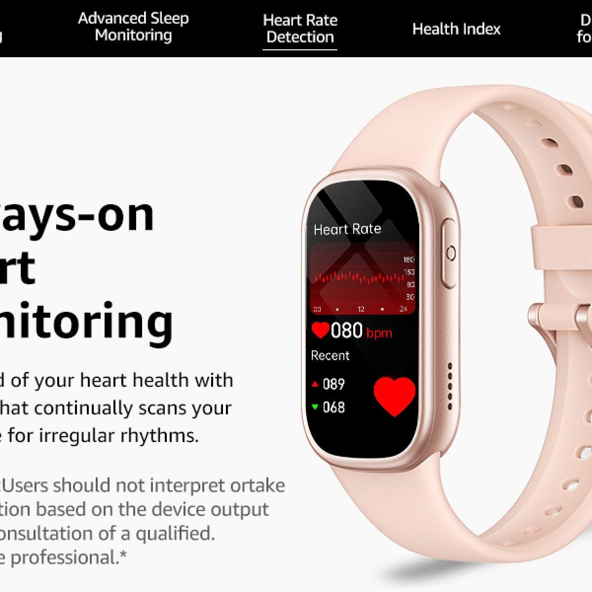 Eine rosa Smartwatch zeigt die Herzfrequenz an, 80 bpm, mit einem Diagramm.