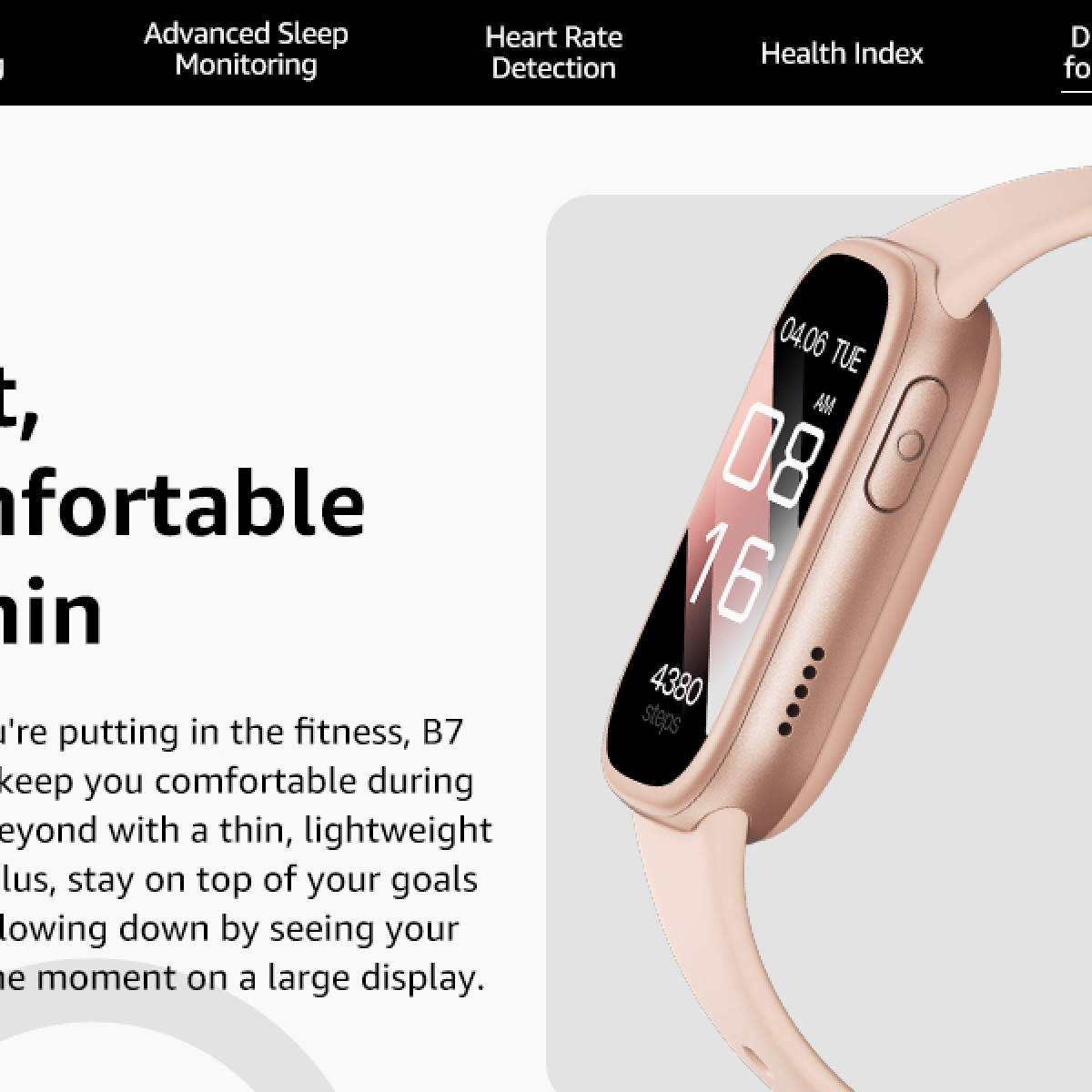 Eine roségoldene Smartwatch mit rosa Armband zeigt Uhrzeit, Datum und Schritte an.