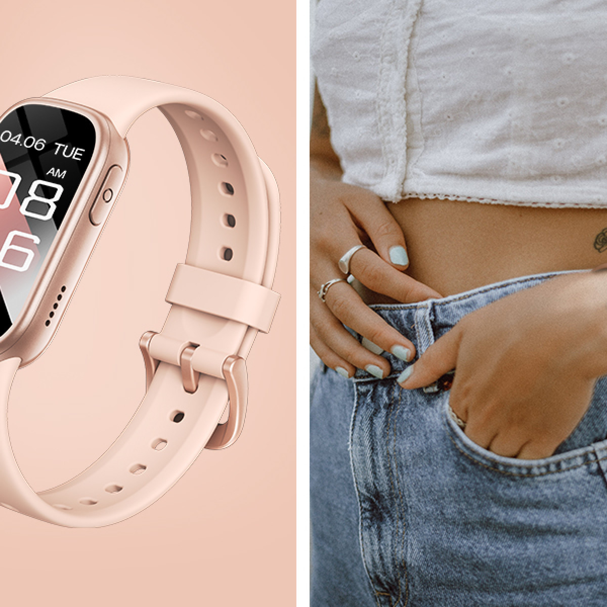 Ein rosafarbene Smartwatch und eine Person in Jeans mit Händen in den Hosentaschen.