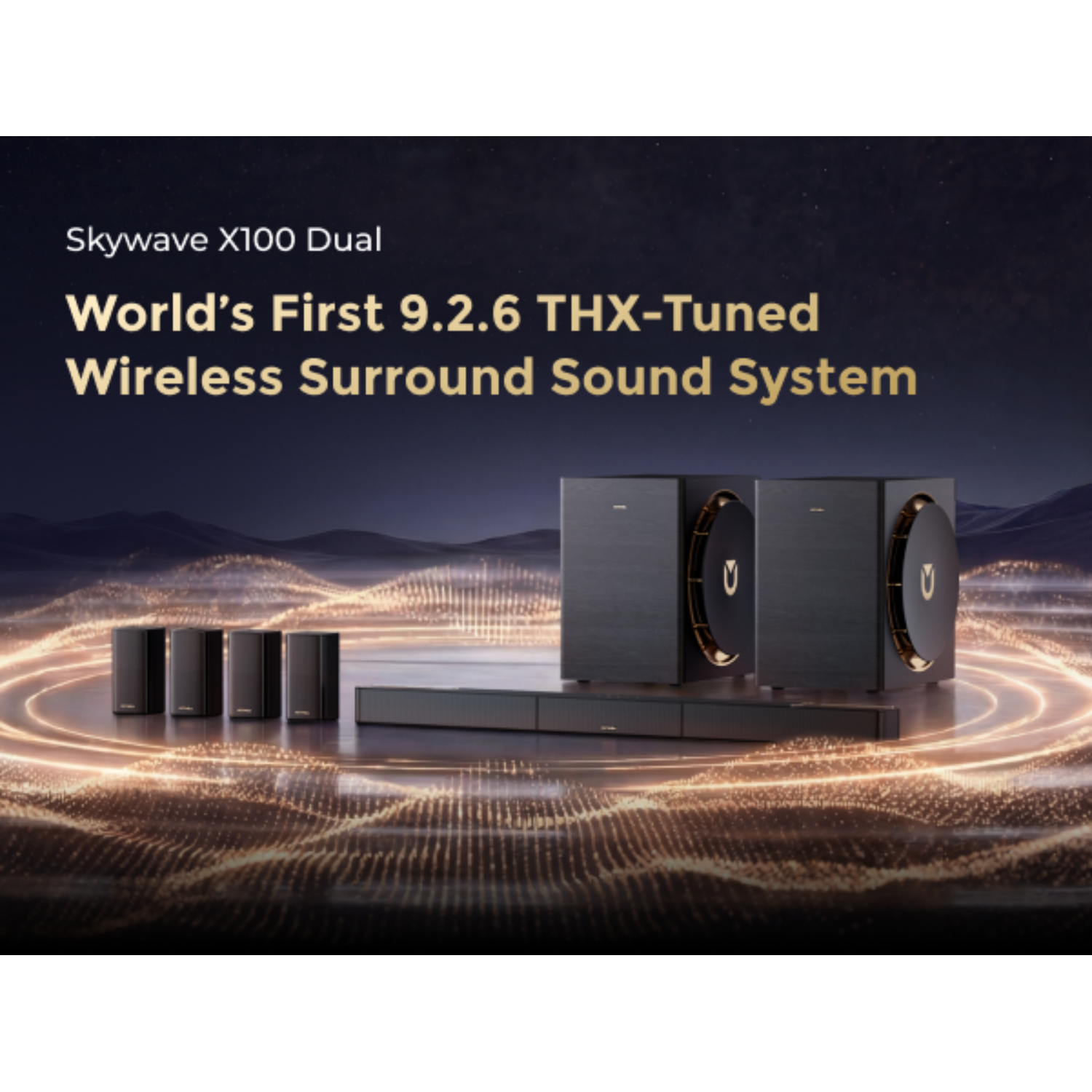 Système de son surround sans fil Skywave X100 Dual : 2 subwoofers, barre de son, 4 satellites.