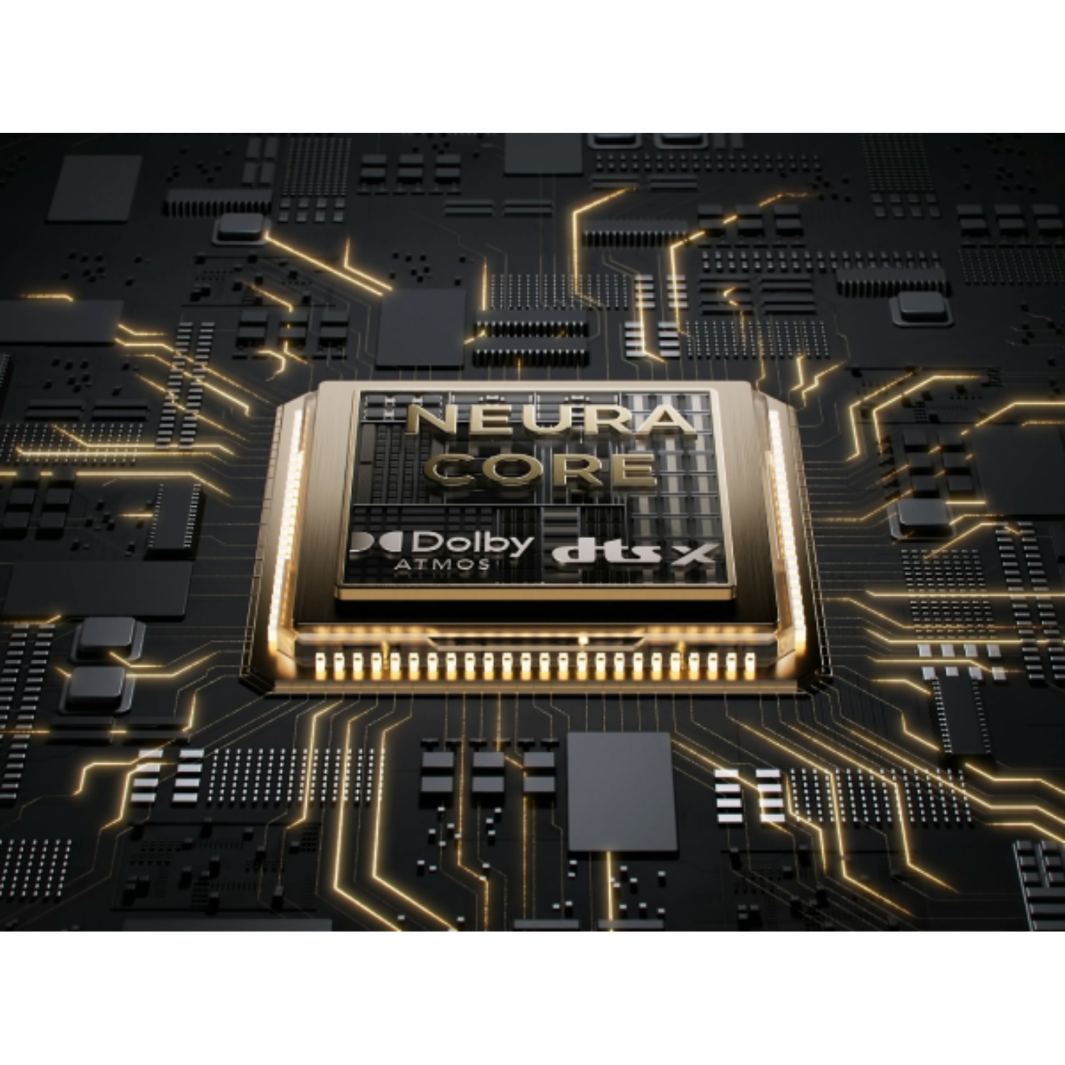 Gros plan d'un processeur "NEURA CORE" avec les logos Dolby Atmos et DTS:X.