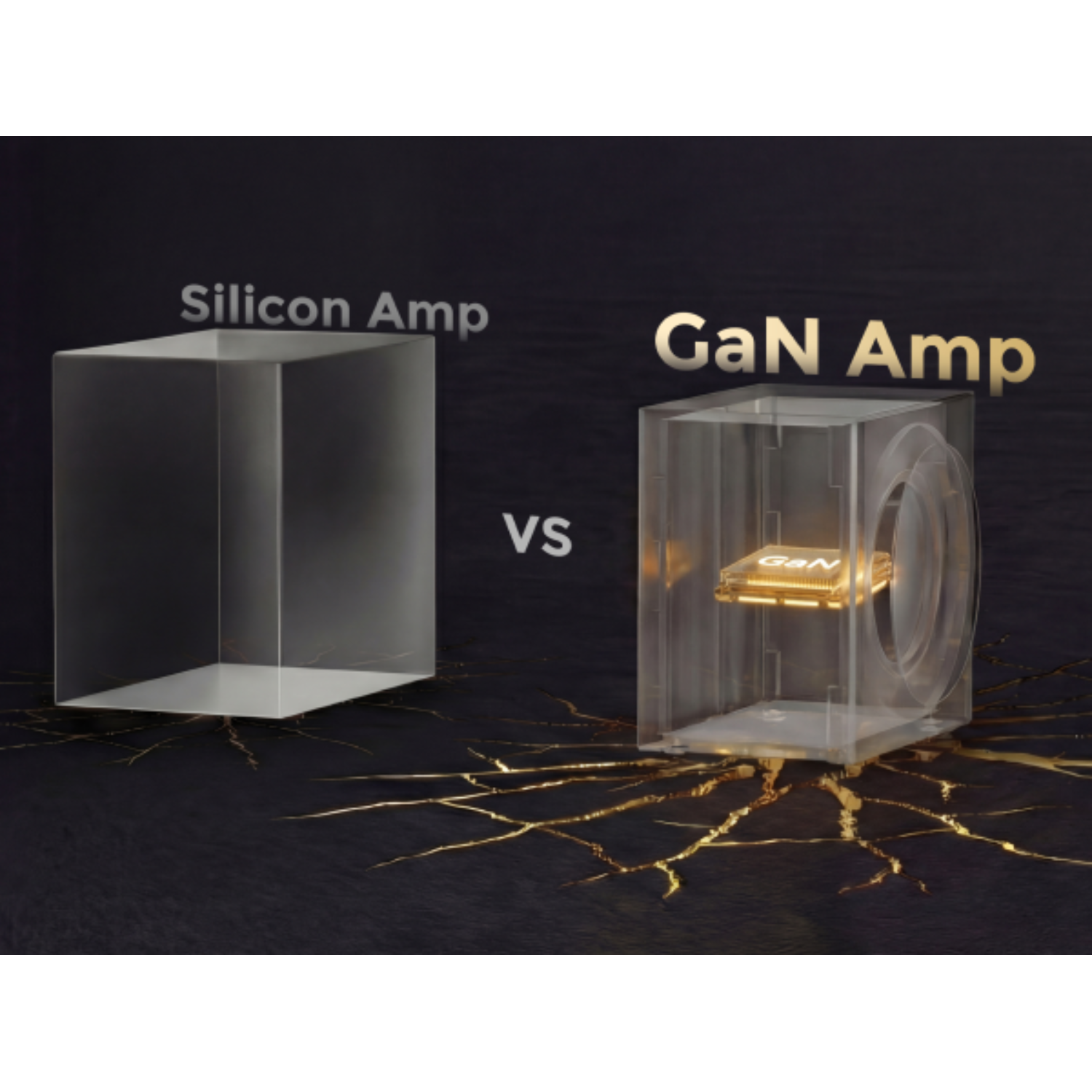 Amplificateur Silicium vs. Amplificateur GaN dans des cubes transparents.