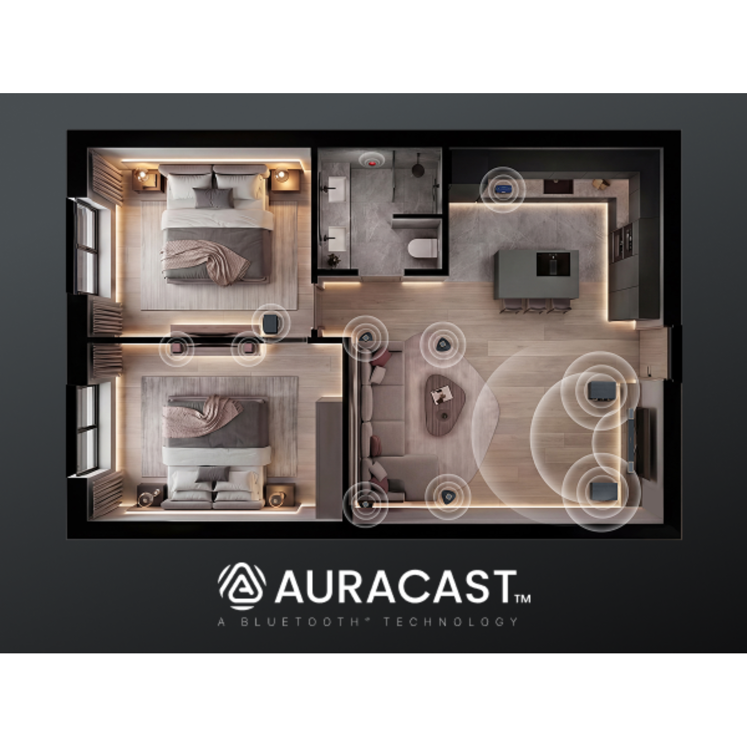 Plan d'un appartement moderne avec deux chambres, salle de bain, cuisine et salon.