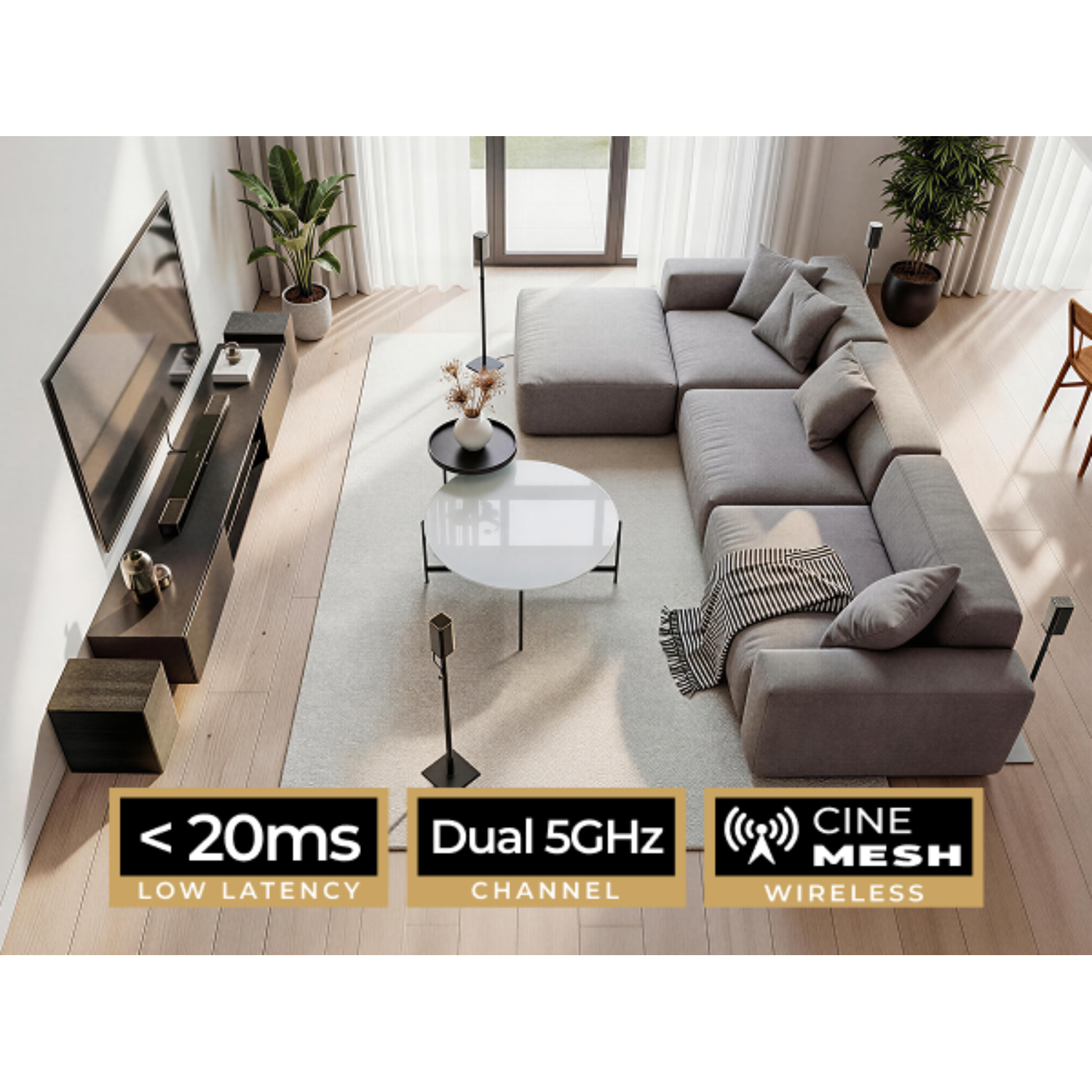 Salon moderne avec canapé d'angle gris, TV et plantes, présentant des spécifications.