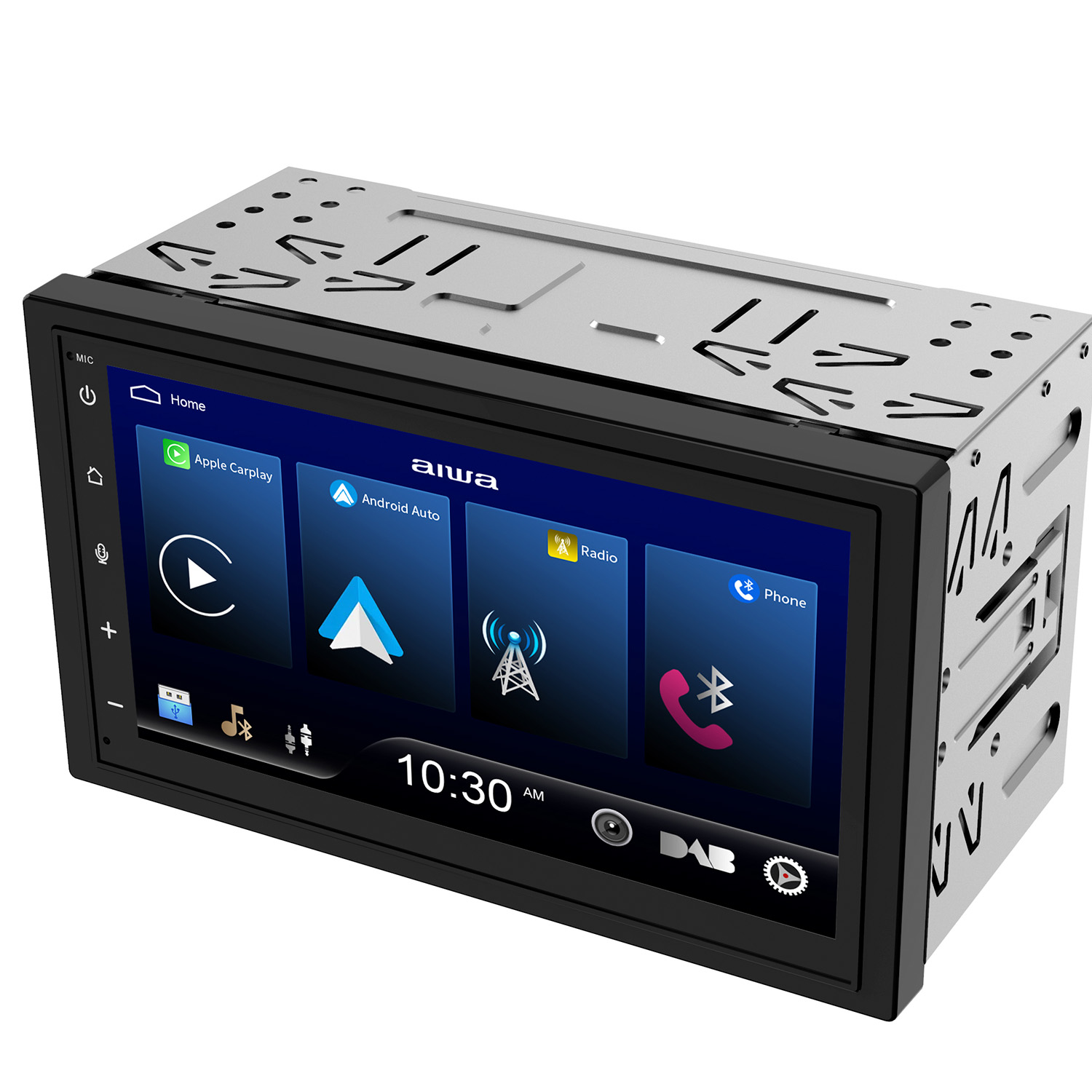 Czarny samochodowy radioodtwarzacz z ekranem dotykowym wyświetla aplikacje takie jak Apple CarPlay, Android Auto, Radio i Telefon.