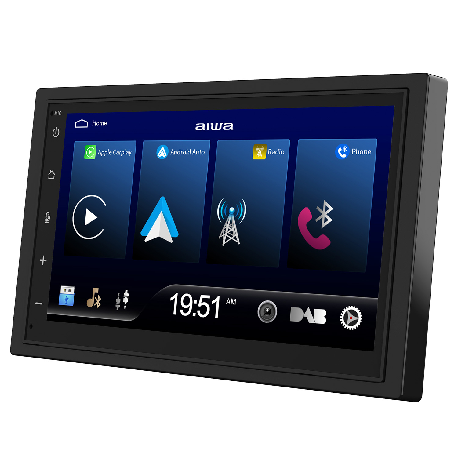 Radio samochodowe Aiwa z ekranem dotykowym, pokazujące ikony Apple CarPlay, Android Auto, Radio, Telefon.