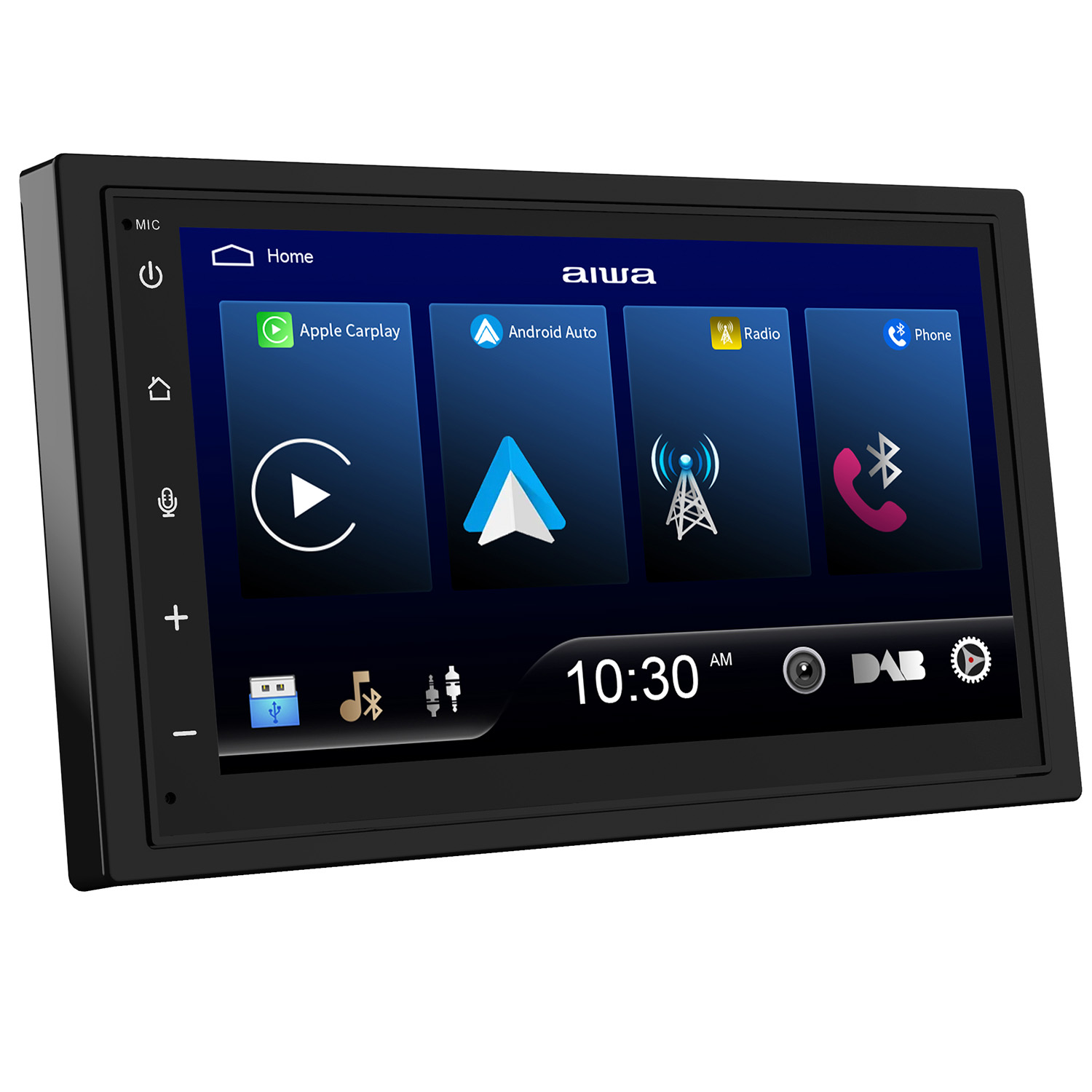 Czarny samochodowy radioodtwarzacz z ekranem dotykowym, wyświetlający aplikacje takie jak Apple CarPlay i Android Auto.