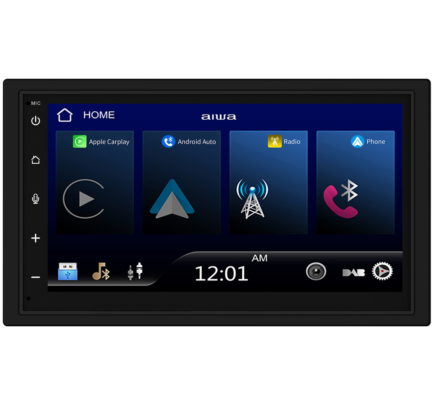Ekran samochodowego systemu audio wyświetla ikony Apple CarPlay, Android Auto, Radio i Telefon.