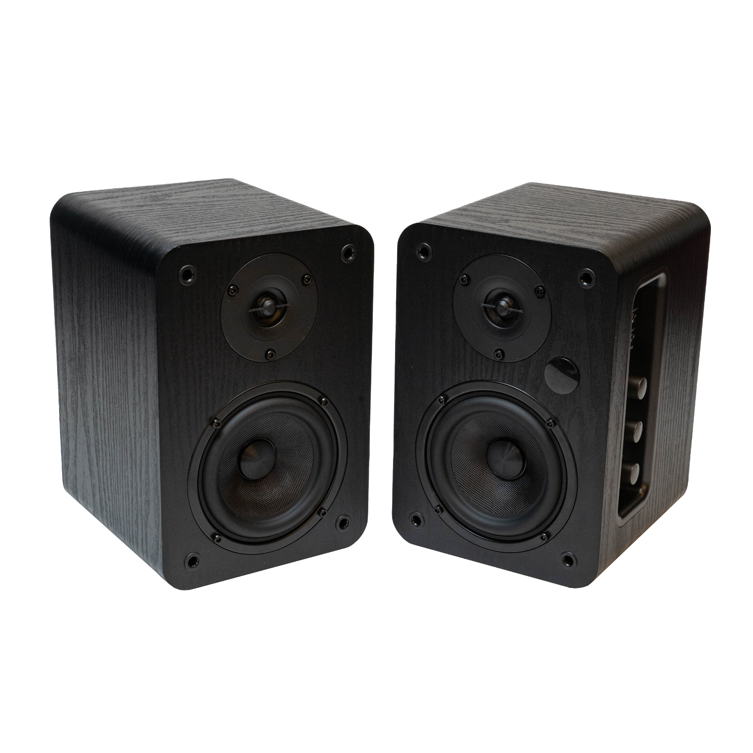 Due altoparlanti neri in legno con woofer e tweeter rotondi su sfondo bianco.