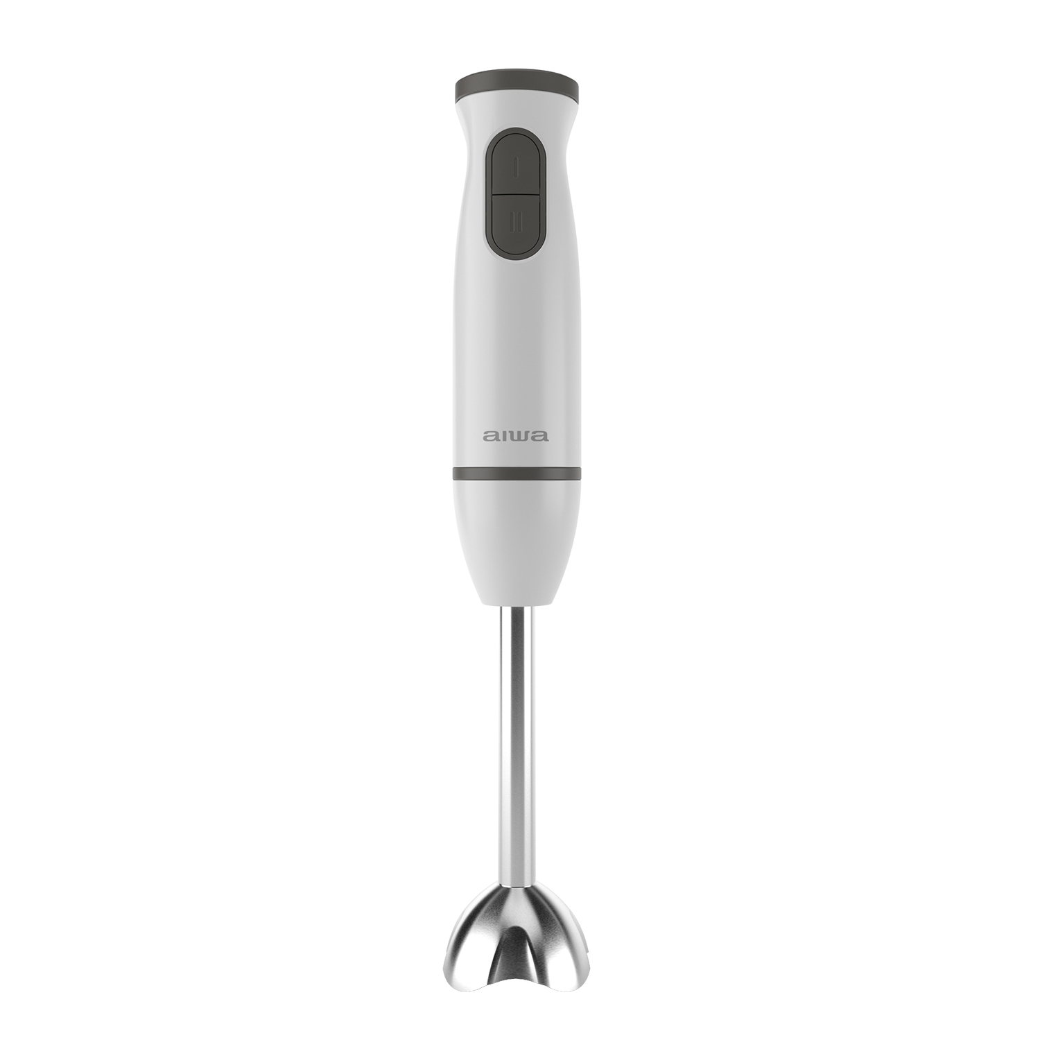 Ein weißer Stabmixer mit silbernem Metallschaft und Klingenschutz.