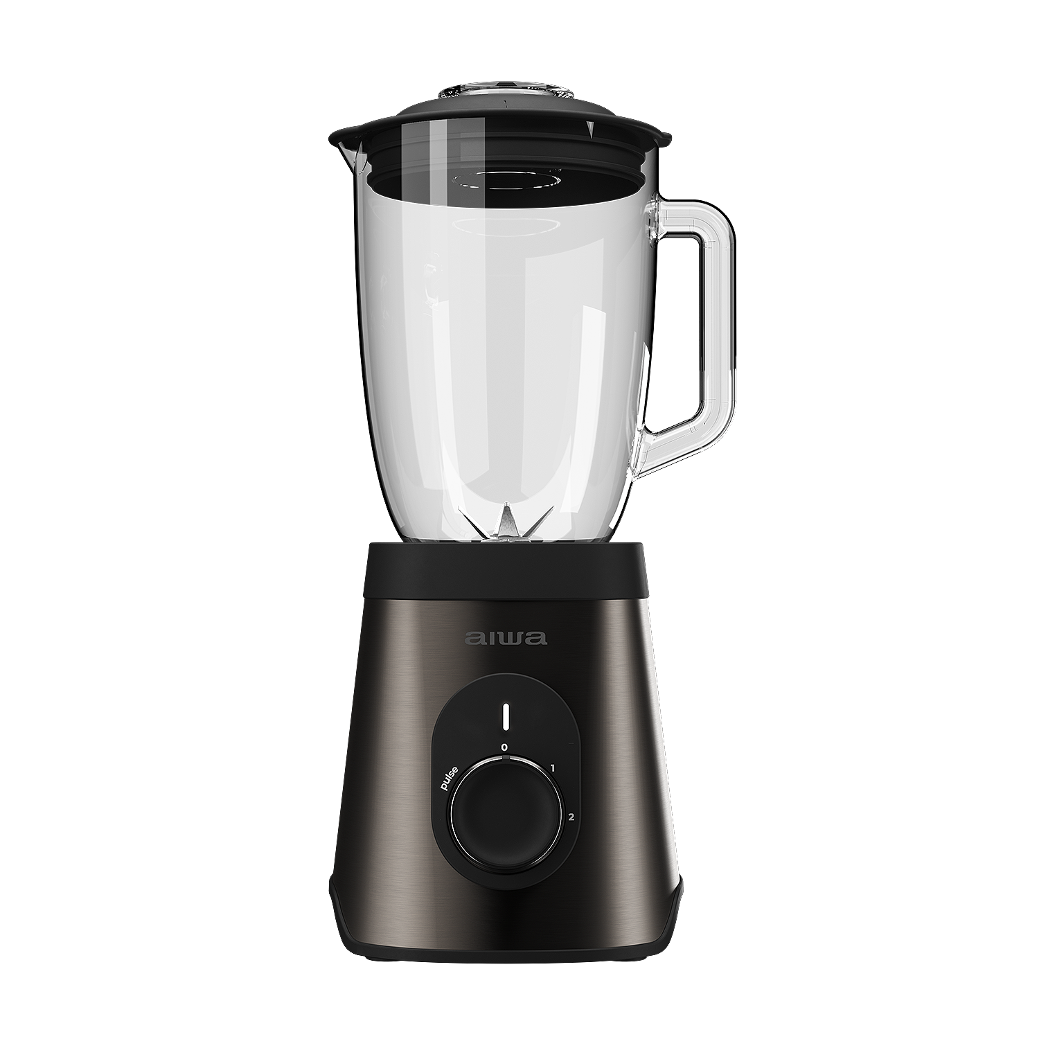 Ciemny blender ze szklanym dzbankiem i czarną pokrywką na metalowej podstawie.