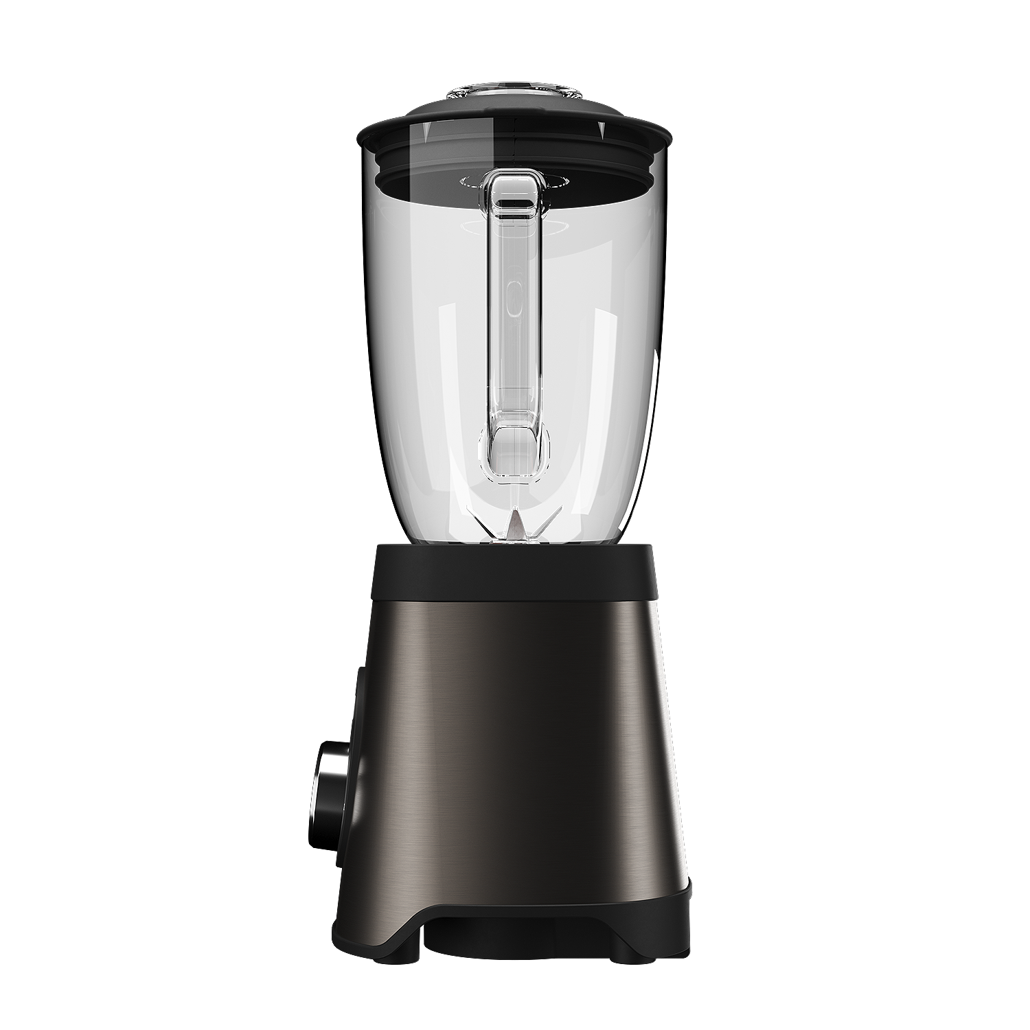 Czarny blender ze szklanym dzbankiem i czarną pokrywką na białym tle.