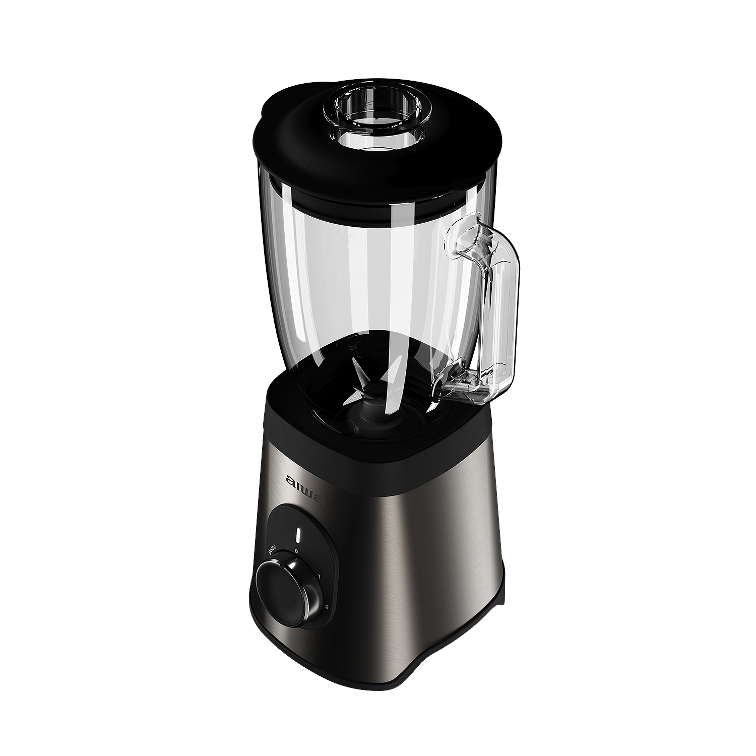 Czarny i srebrny blender ze szklanym dzbankiem i czarną pokrywką.