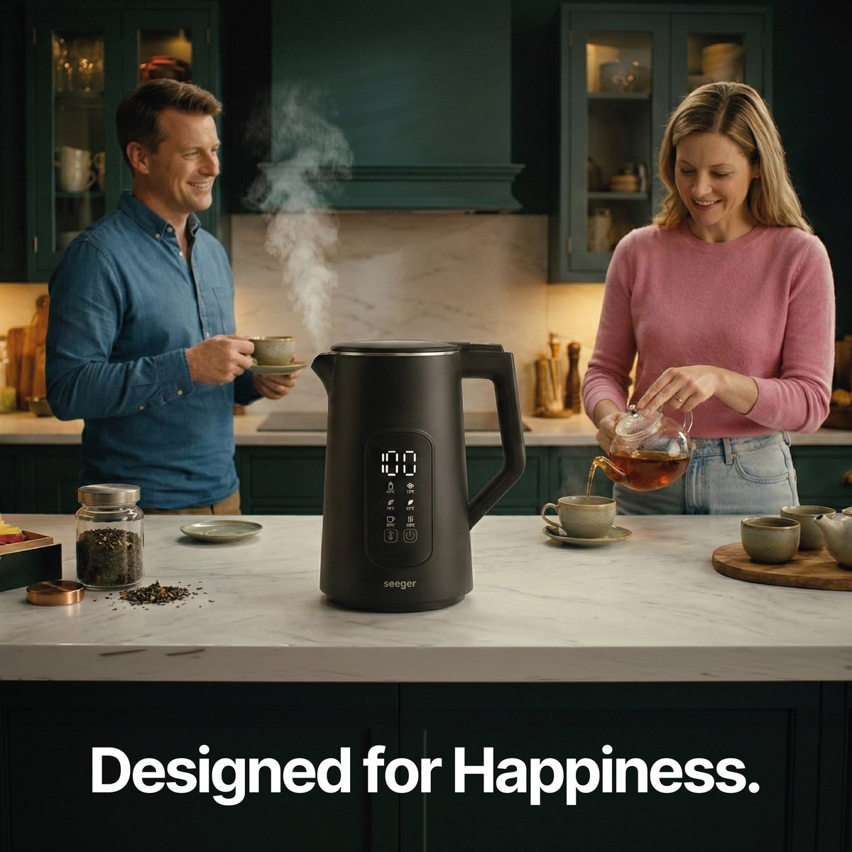 Un homme et une femme dans une cuisine préparent du thé. Une bouilloire fume.