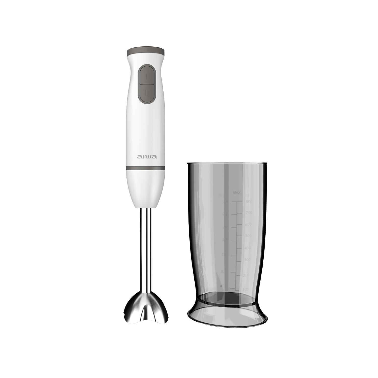 Ein weißer Handmixer mit grauen Akzenten und ein Messbecher.