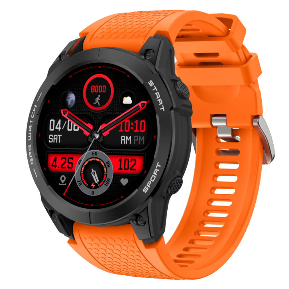 Czarny smartwatch z pomarańczowym paskiem wyświetla godzinę, datę, kroki i tętno.