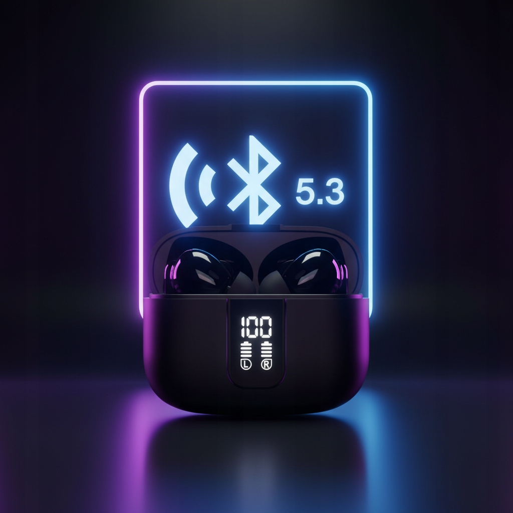 Czarne słuchawki bezprzewodowe w etui ładującym z logo Bluetooth 5.3.