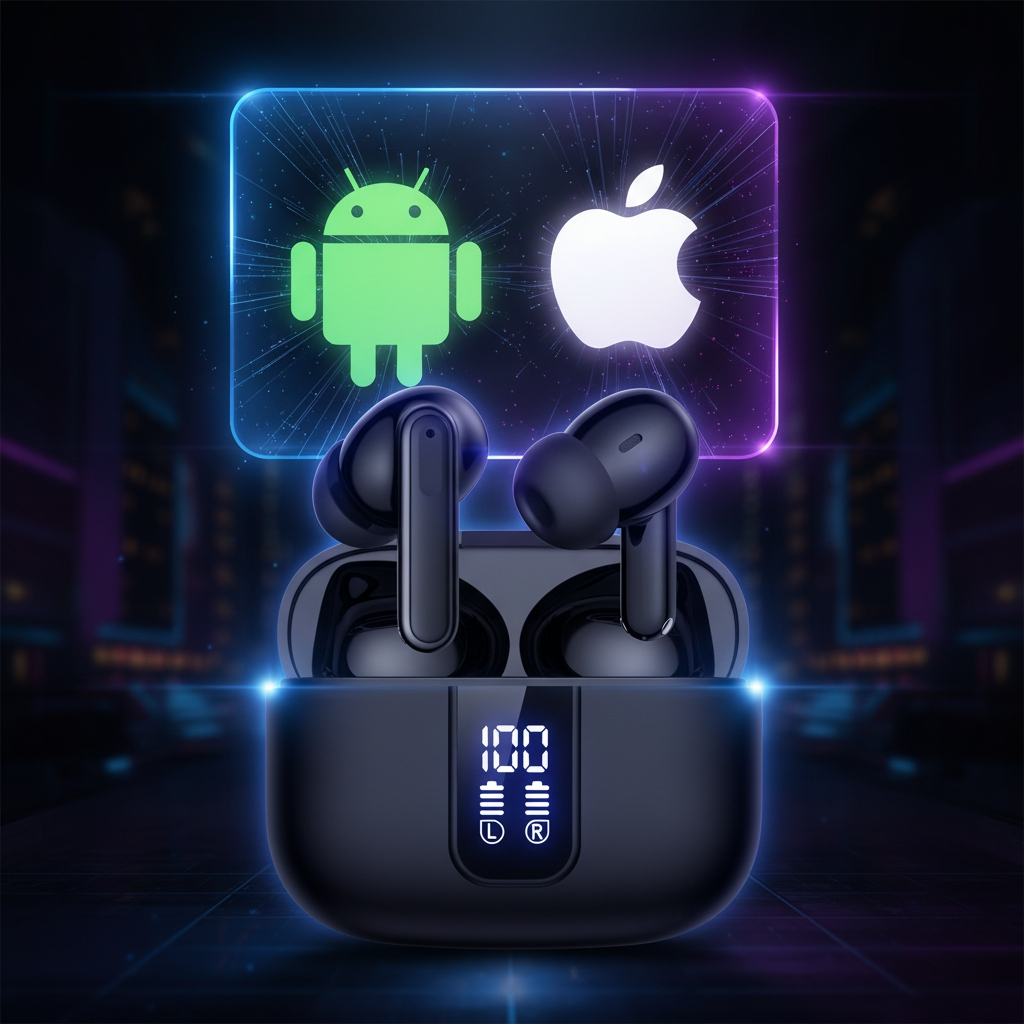 Czarne bezprzewodowe słuchawki w etui ładującym z logo Android i Apple.