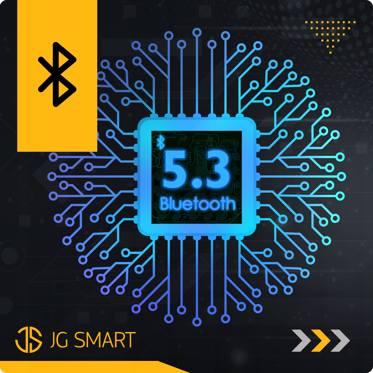Niebieski schemat obwodu z Bluetooth 5.3 na ciemnym tle.