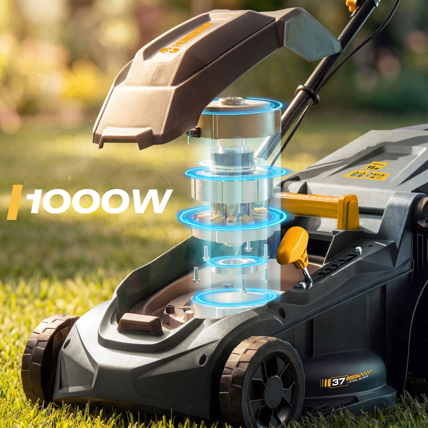 Nowoczesna kosiarka z grafiką silnika 1000W na trawniku.