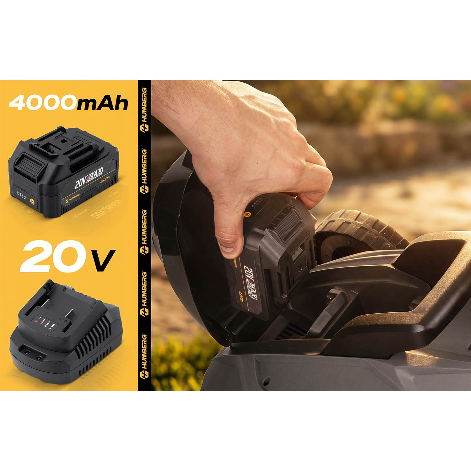 Mężczyzna wkłada akumulator 4000mAh, 20V do kosiarki.