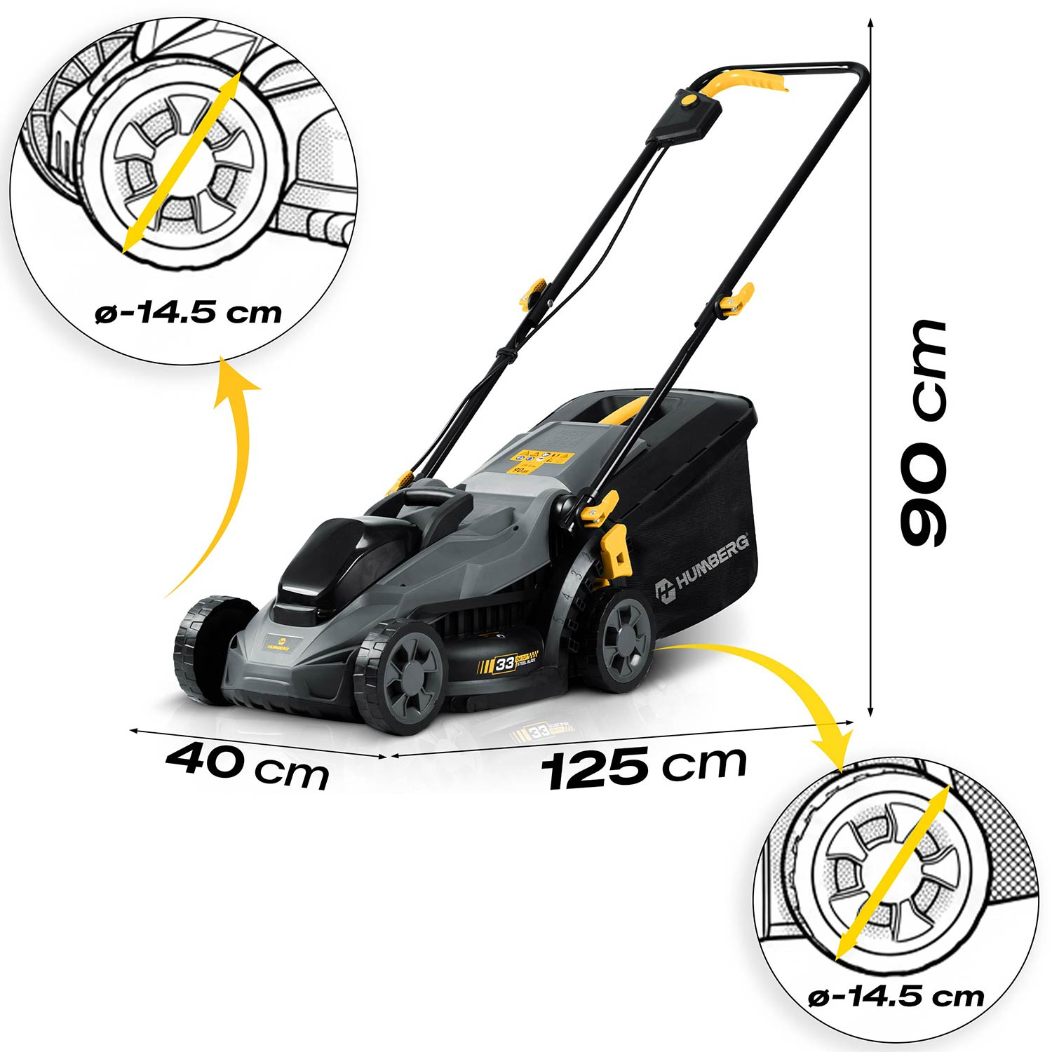Szara kosiarka z żółtymi akcentami, o wysokości 90cm i szerokości 40cm.