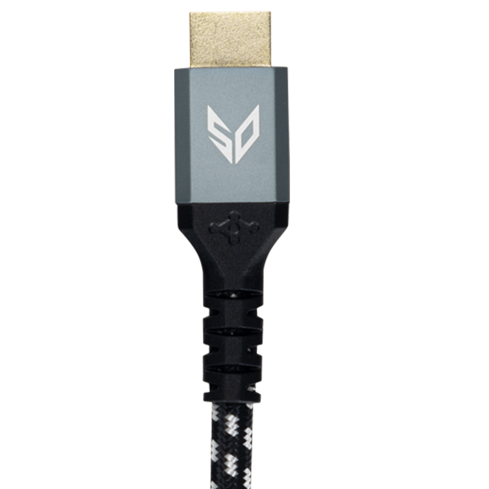 Szary złącze HDMI z czarnym kablem i białym wzorem.
