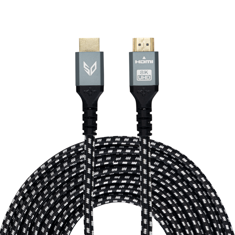 Kabel HDMI z obsługą 8K UHD, wzór czarno-biały.