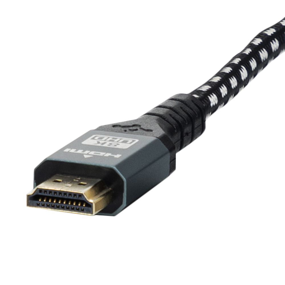 Zbliżenie na czarno-biały pleciony kabel HDMI ze złotym złączem 8K UHD.