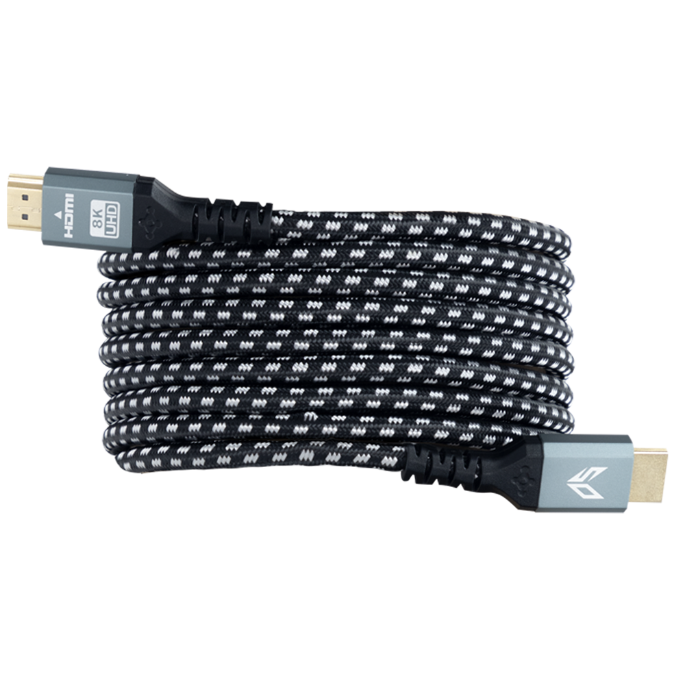 Zwinięty czarno-biały kabel HDMI 8K UHD ze złotymi złączami.