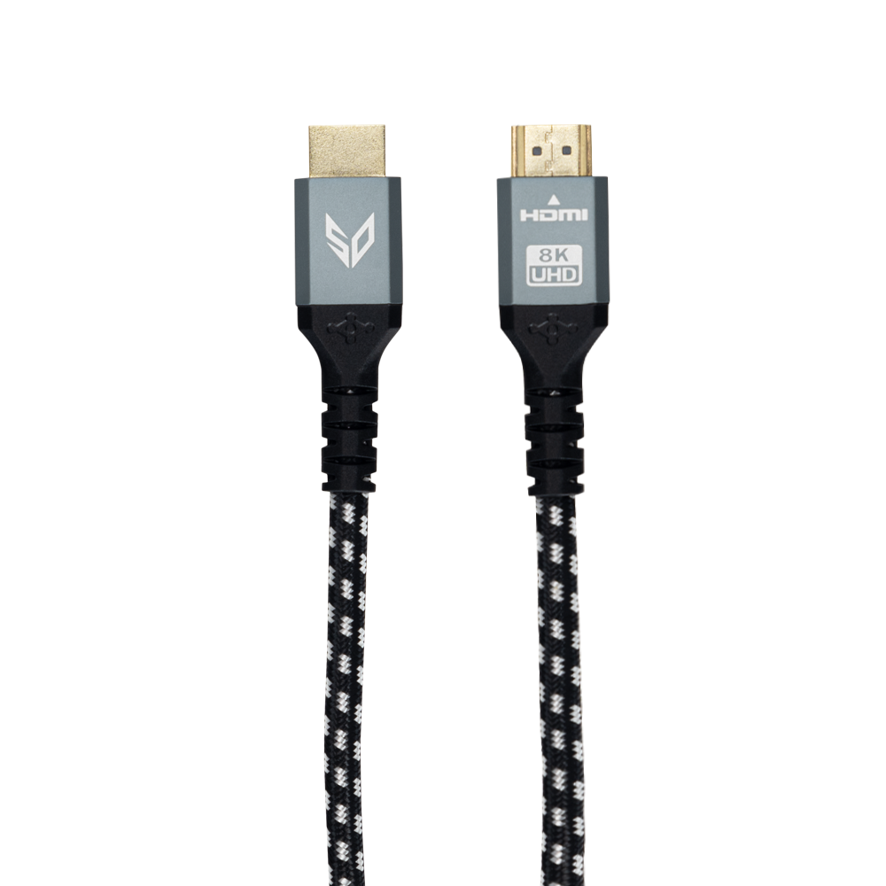 Dwa kable HDMI z obsługą 8K UHD, w kolorze szaro-czarnym plecionym.