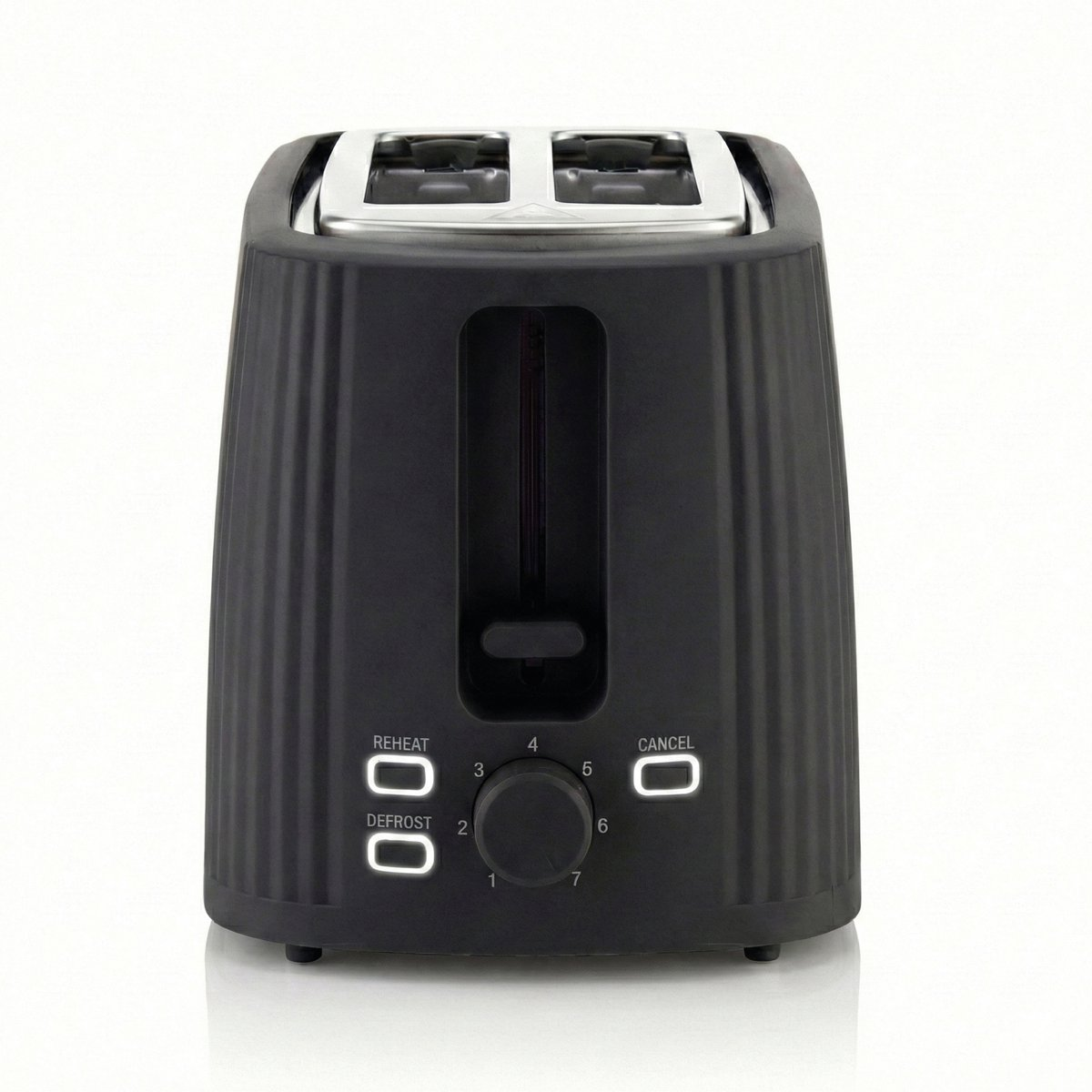 A black two-slice toaster with control buttons and a dial.