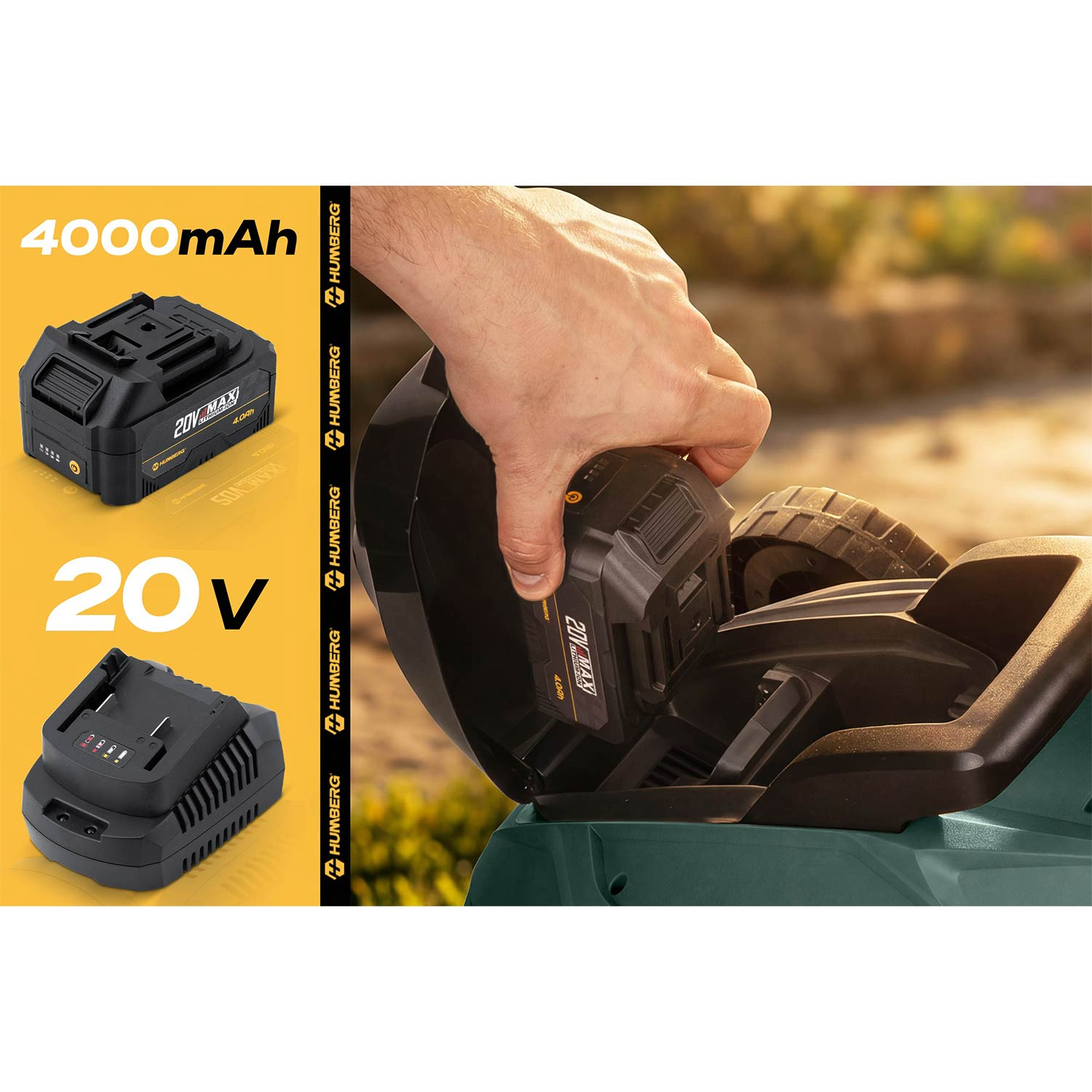 Mężczyzna wkłada akumulator 20V, 4000mAh do narzędzia.