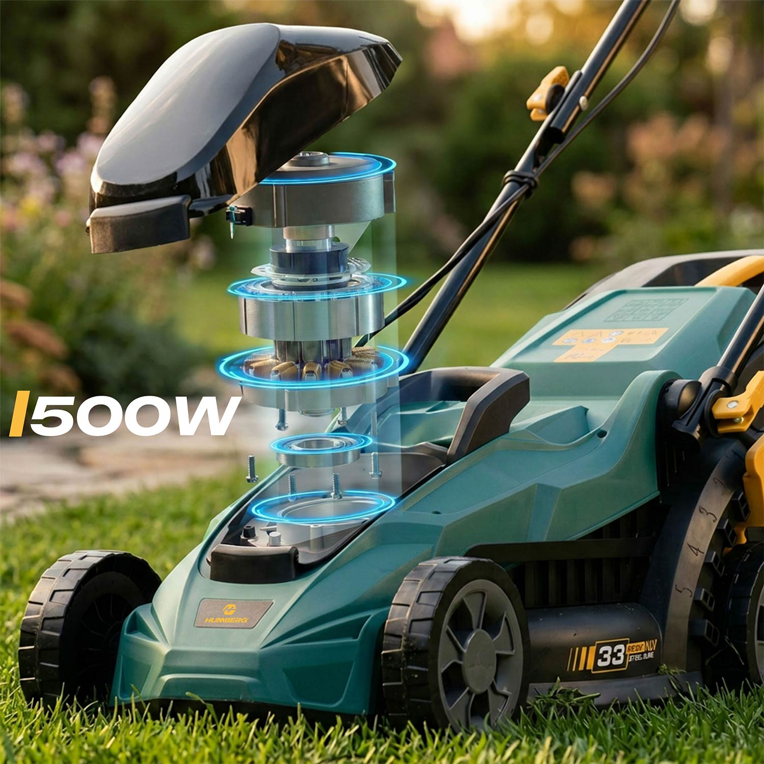 Zielona kosiarka 1500W, szczegół silnika, na trawie.