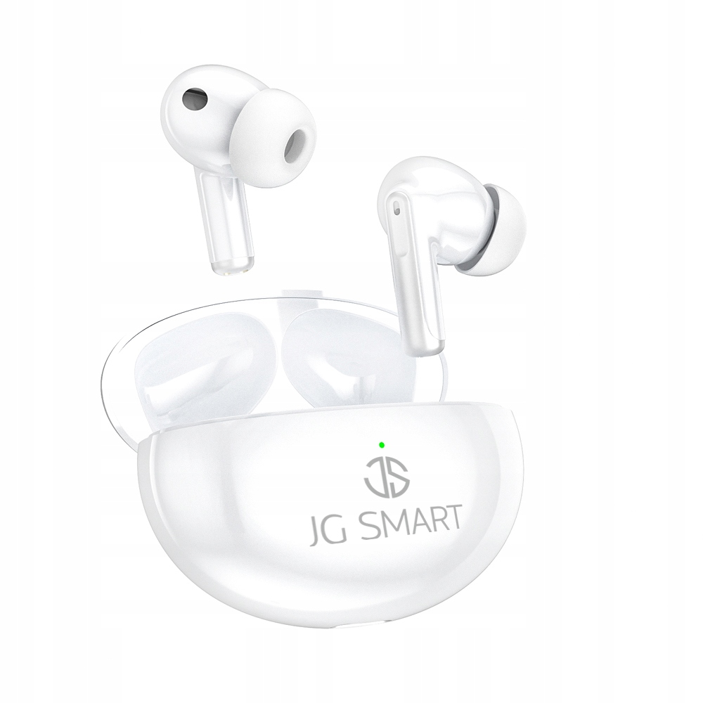 Białe słuchawki bezprzewodowe z etui ładującym i logo JG SMART.