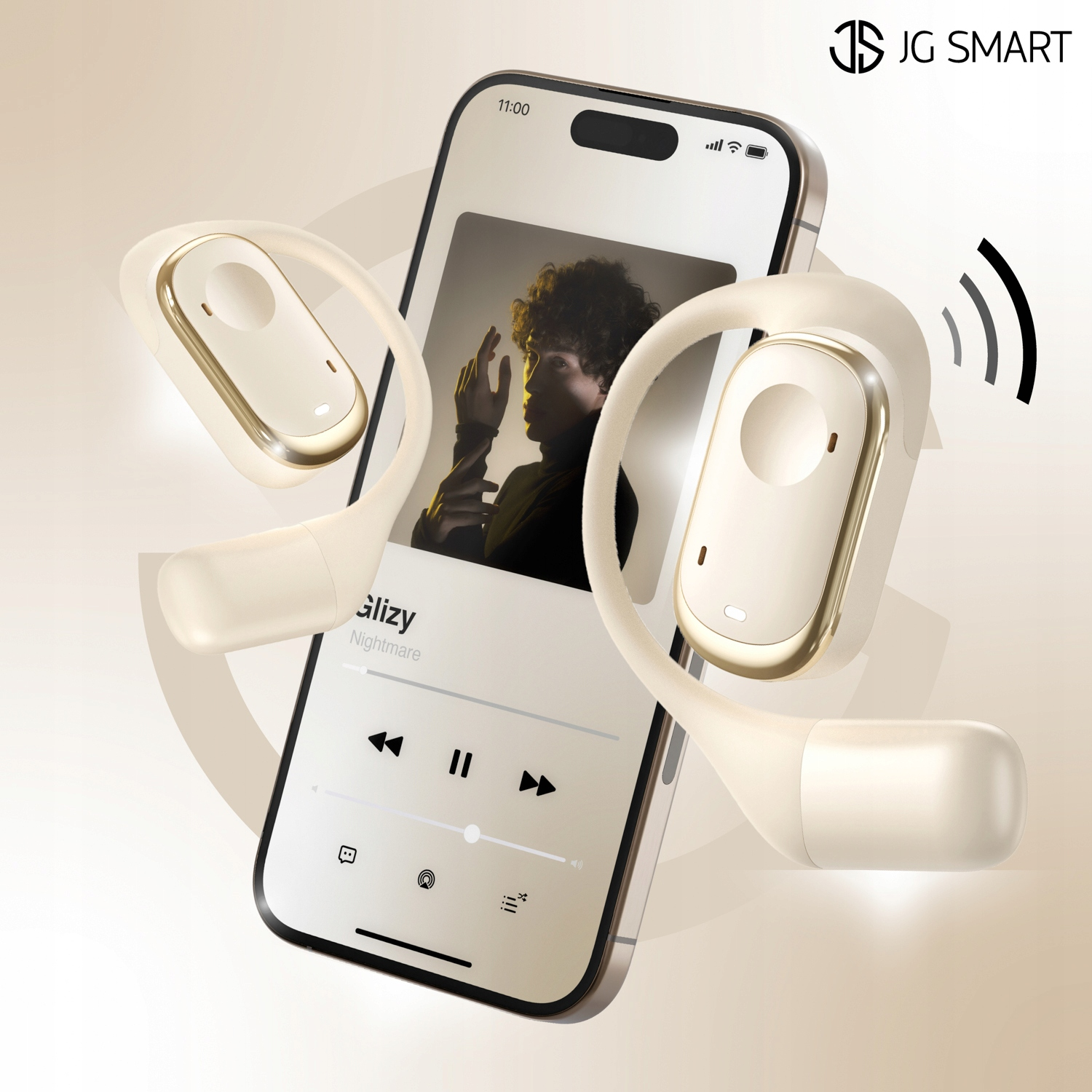 Smartfon wyświetla aplikację muzyczną, otoczony białymi słuchawkami ze złotymi akcentami.