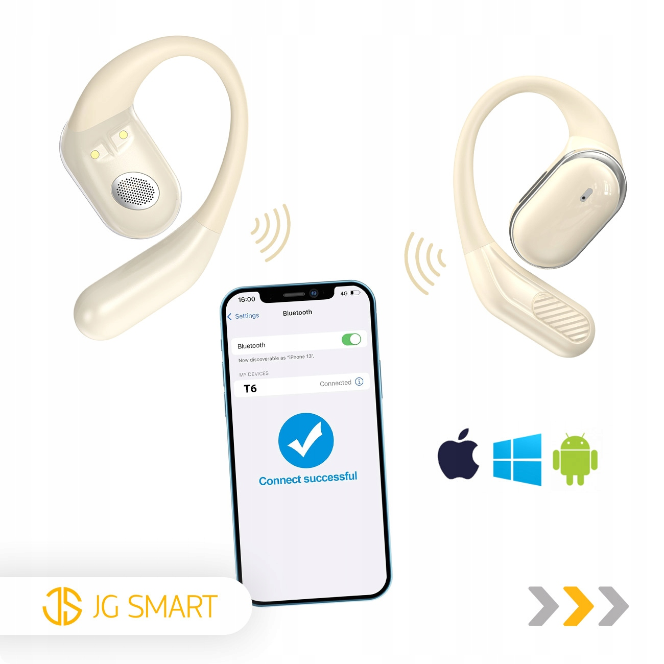 Dwa białe słuchawki douszne, smartfon pokazuje połączenie Bluetooth.