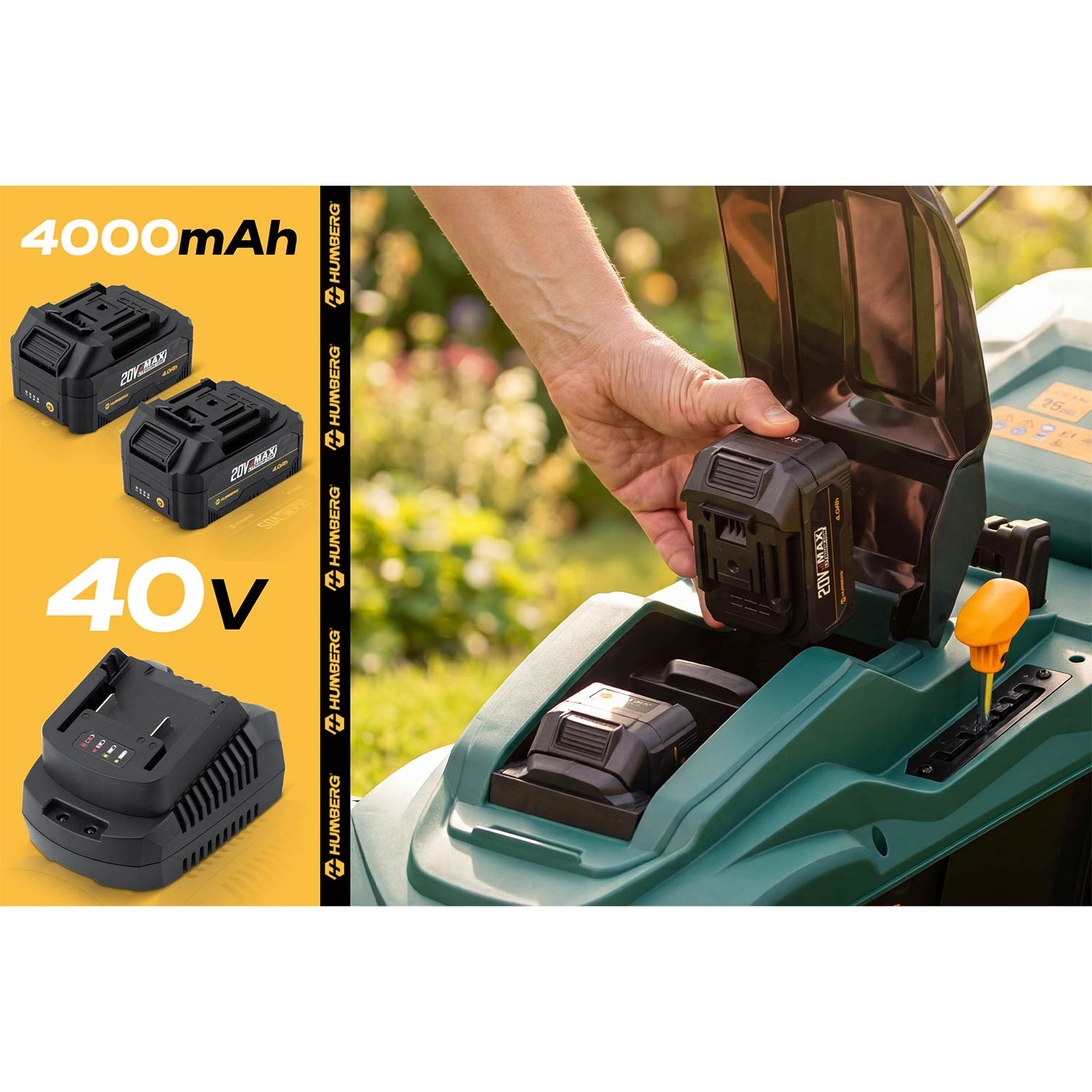 Ręka wkłada baterię HUMBERG 40V 4000mAh do kosiarki.