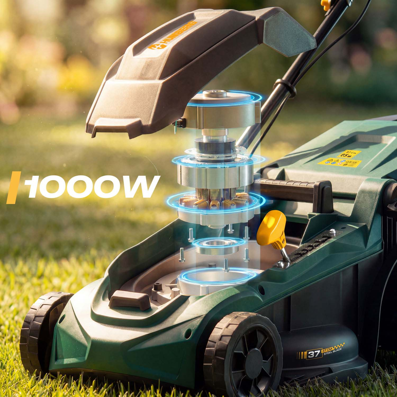 Zielona kosiarka o mocy 1000W, szczegółowy silnik.