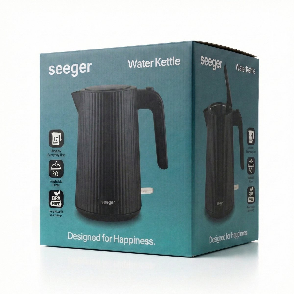 Bouilloire Seeger noire sur emballage, 1,7L, sans BPA.