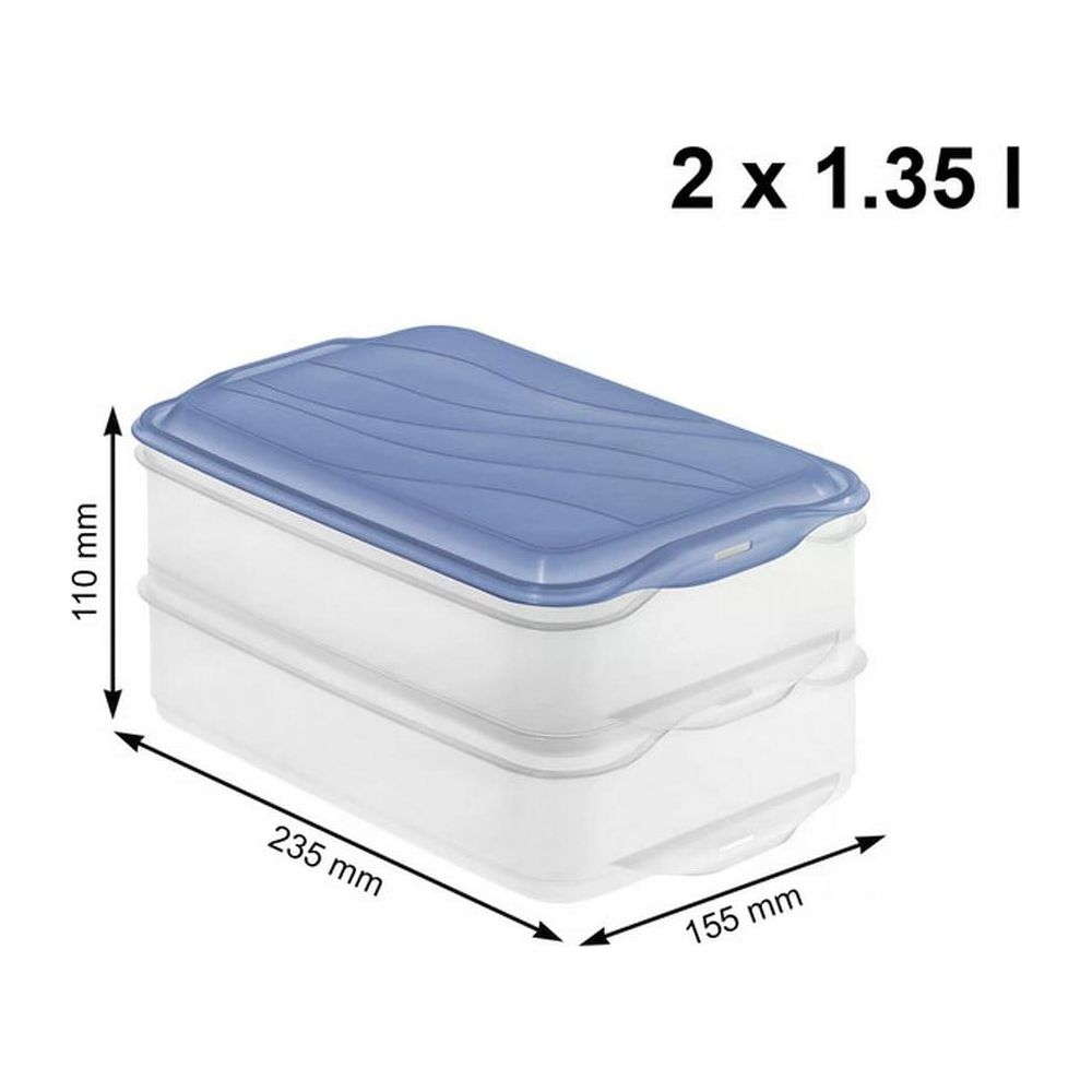 Dwa białe pojemniki z niebieską pokrywką, wymiary 235x155x110mm.