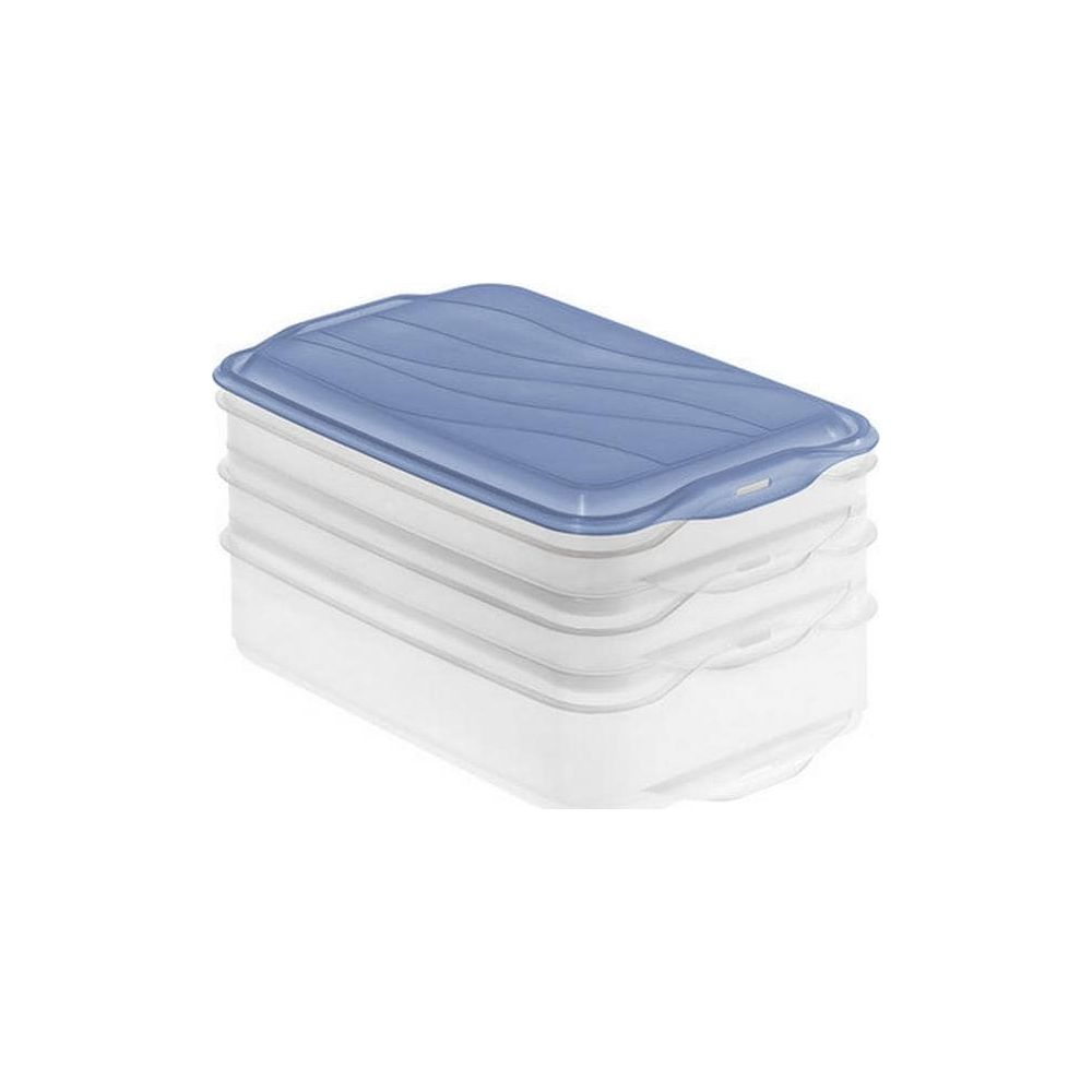 Una pila di tre contenitori in plastica trasparente con coperchio blu.