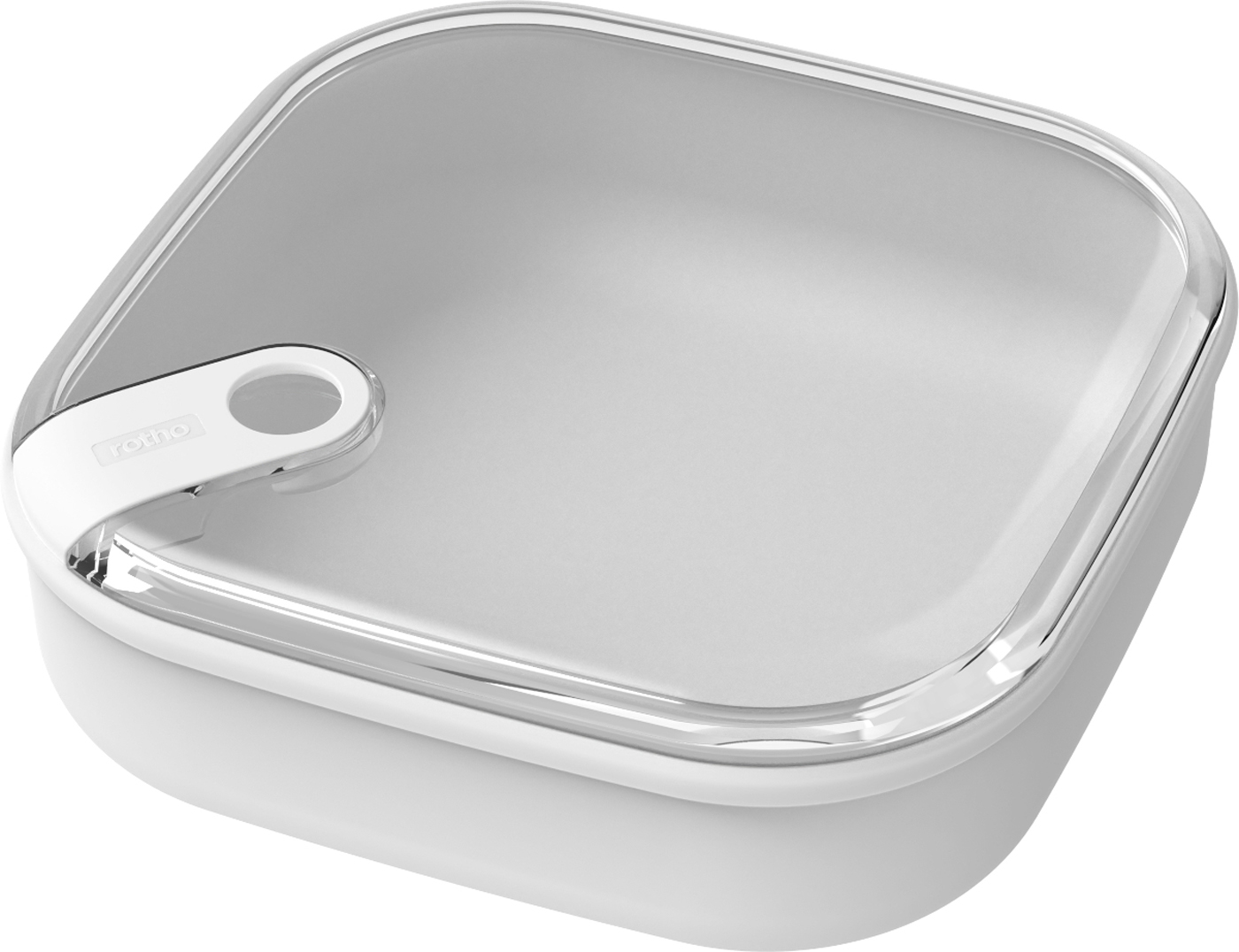 Un contenitore bianco rettangolare per alimenti con coperchio trasparente e manico bianco.